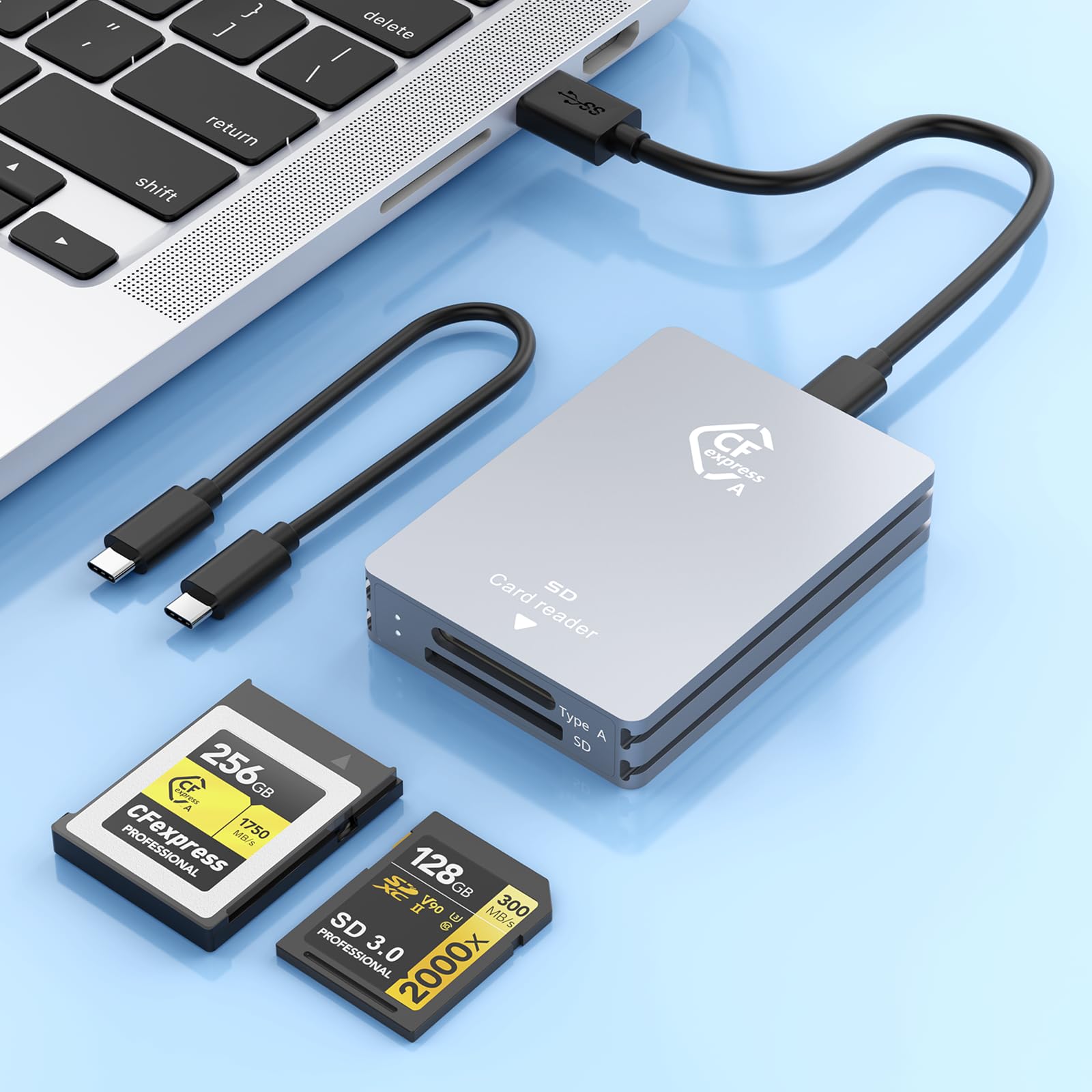 Lettore di schede CFexpress tipo A e SD a doppio slot, USB 3.1 Gen 2 10Gbps CFexpress, lettore di schede CF Express portatile incluso cavo USB C a USB A/C, compatibile con Windows/Mac/Linux/Android