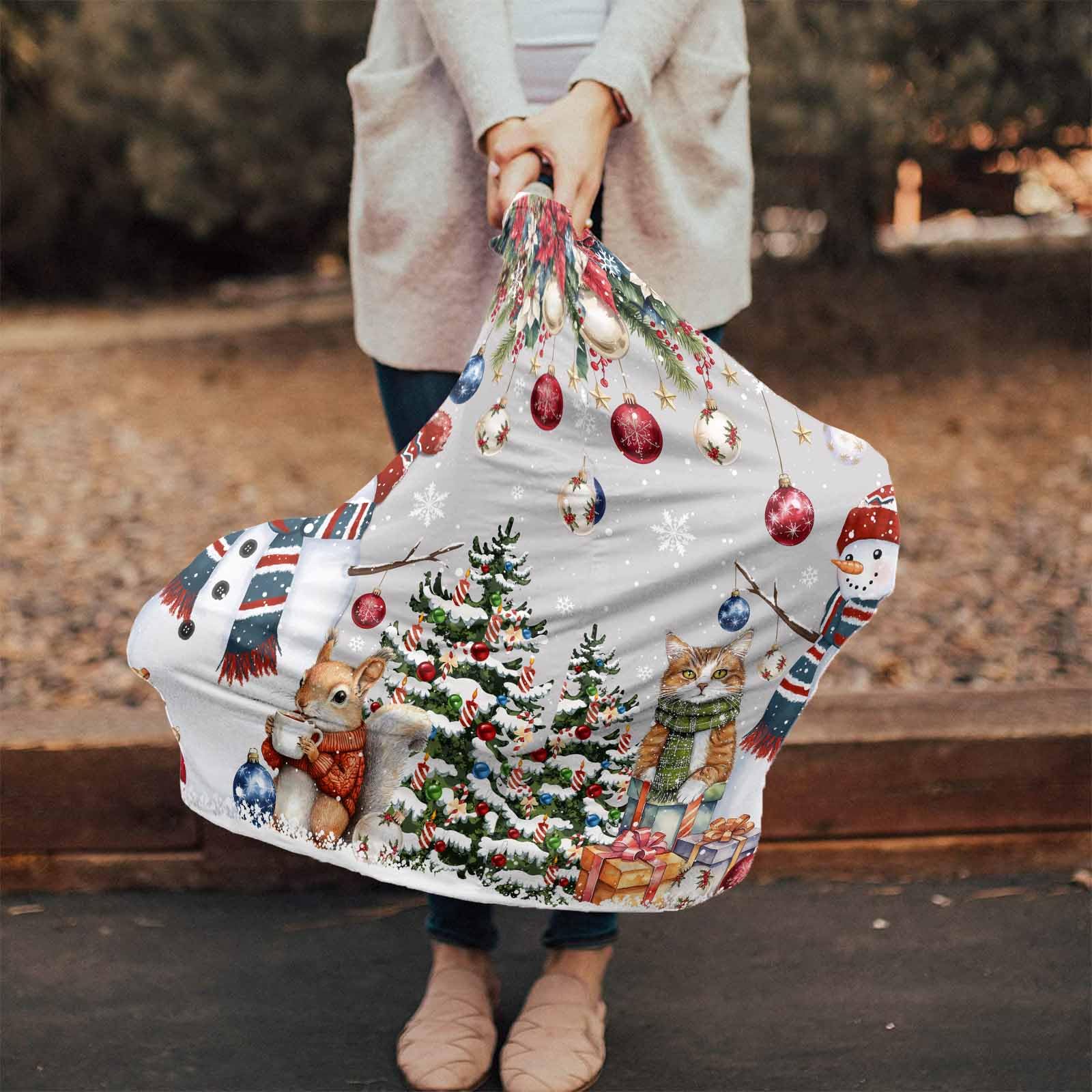 Nursing Cover for Breastfeeding Scarf, Xmas Tree Poinsettia Snowman Squirrel Cat Baby Car Covers Super Soft Multi Use for Canopy Shopping Cart Cover Blanket Stroller Cover