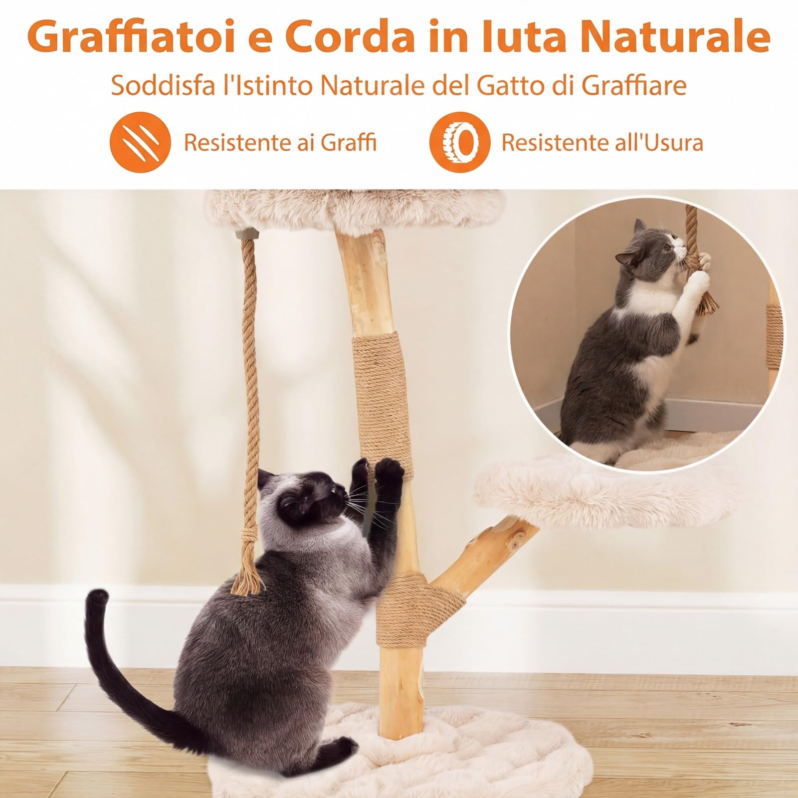 COSTWAY Albero per Gatti 90 cm, Torre Moderna in Legno con Piattaforme, Tiragraffi in Luta Naturale e Corda, Albero Tiragraffi per Animali Domestici (Beige)