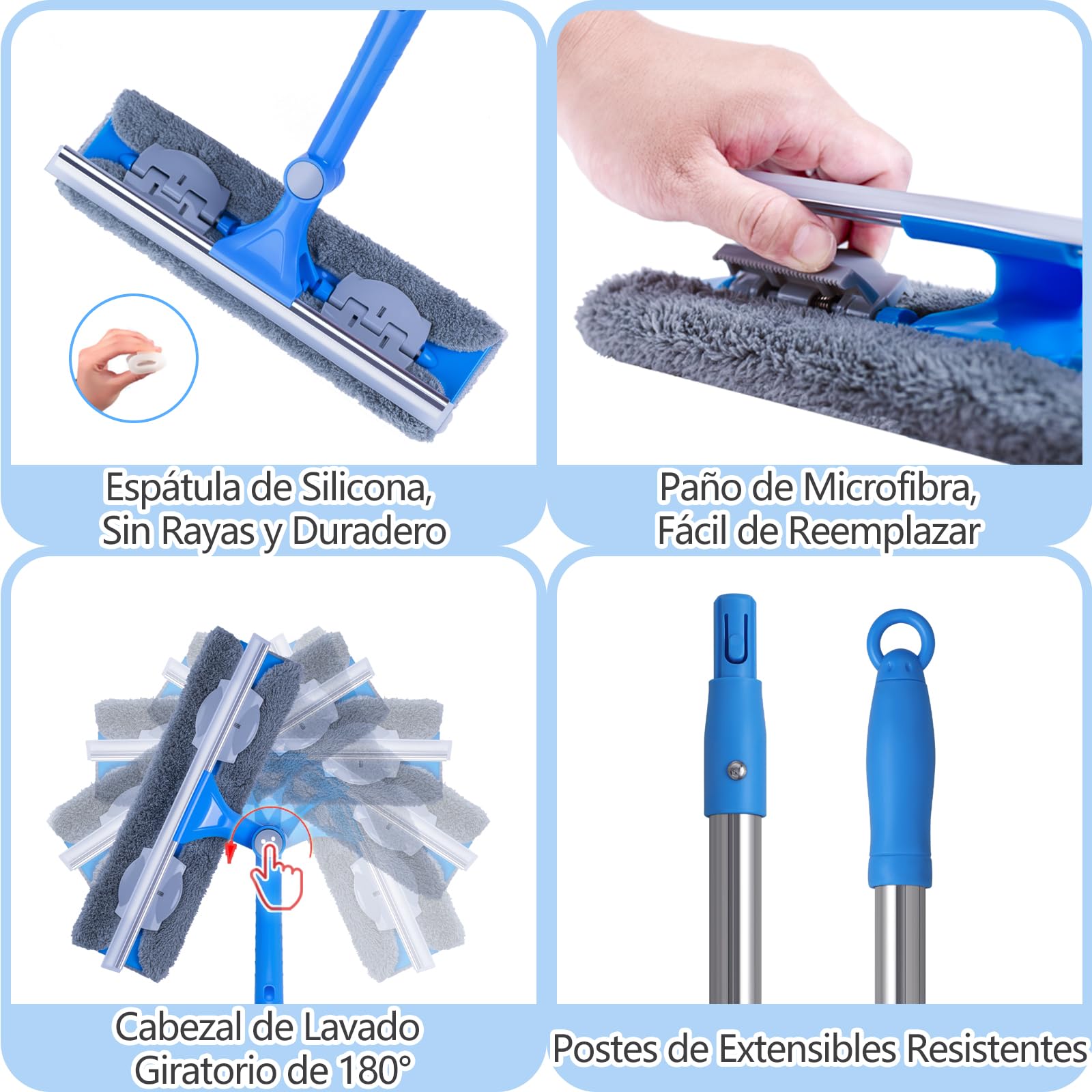 Mitclear 2 en 1 Limpiacristales con Mango Largo(475cm), Limpiador de Ventanas con Escobilla de Silicona y Paño de Microfibra, Kit de Limpieza de Ventanas para Coche, Ventanas Altas, Interior/Exterior