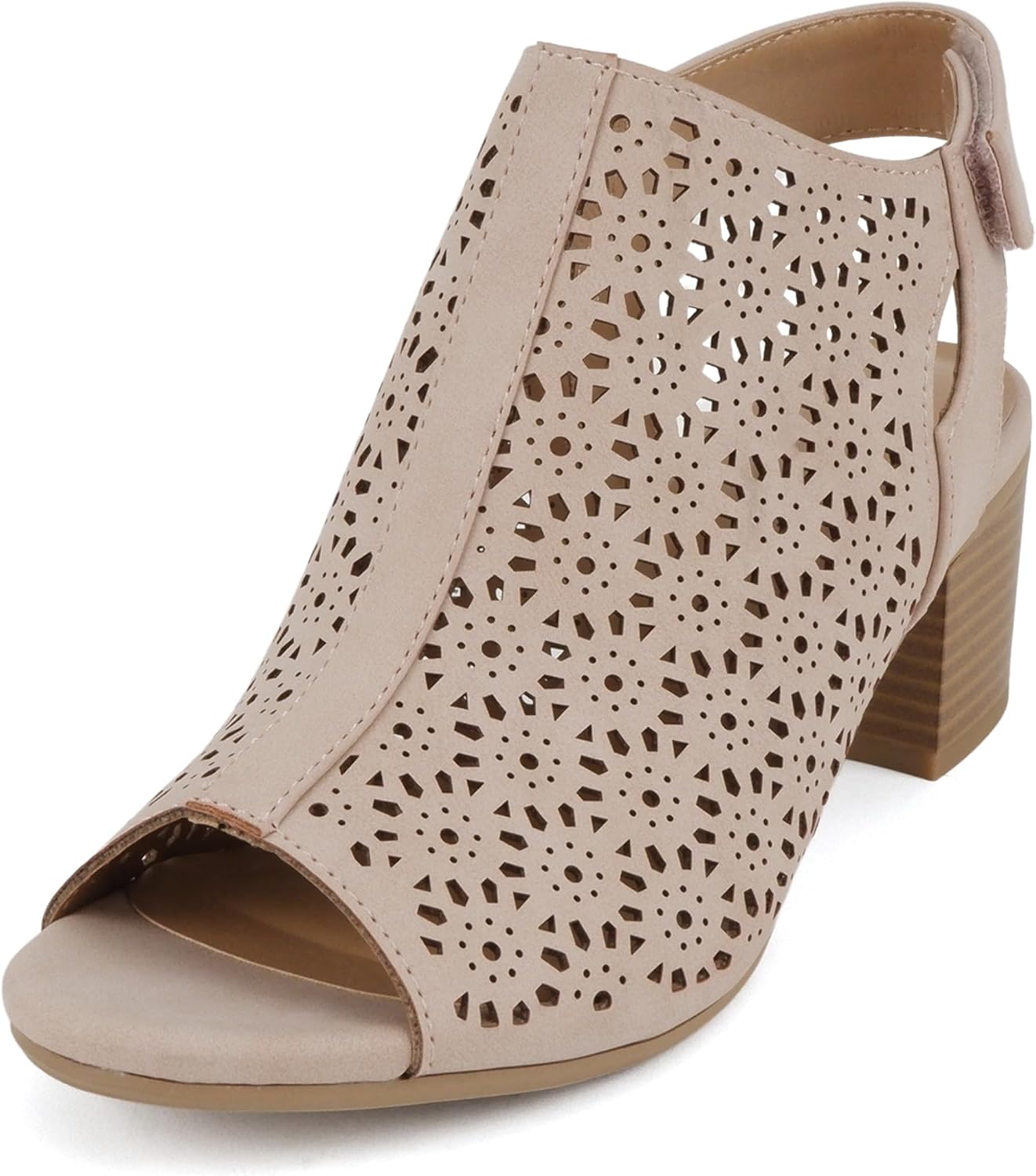 CITYCLASSIFIED “Elect” ~ Women’s Peep Toe Laser Cut Geometric Caged Slingback Ankle Strap Low Stacked Heel Ankle Bootie image 2