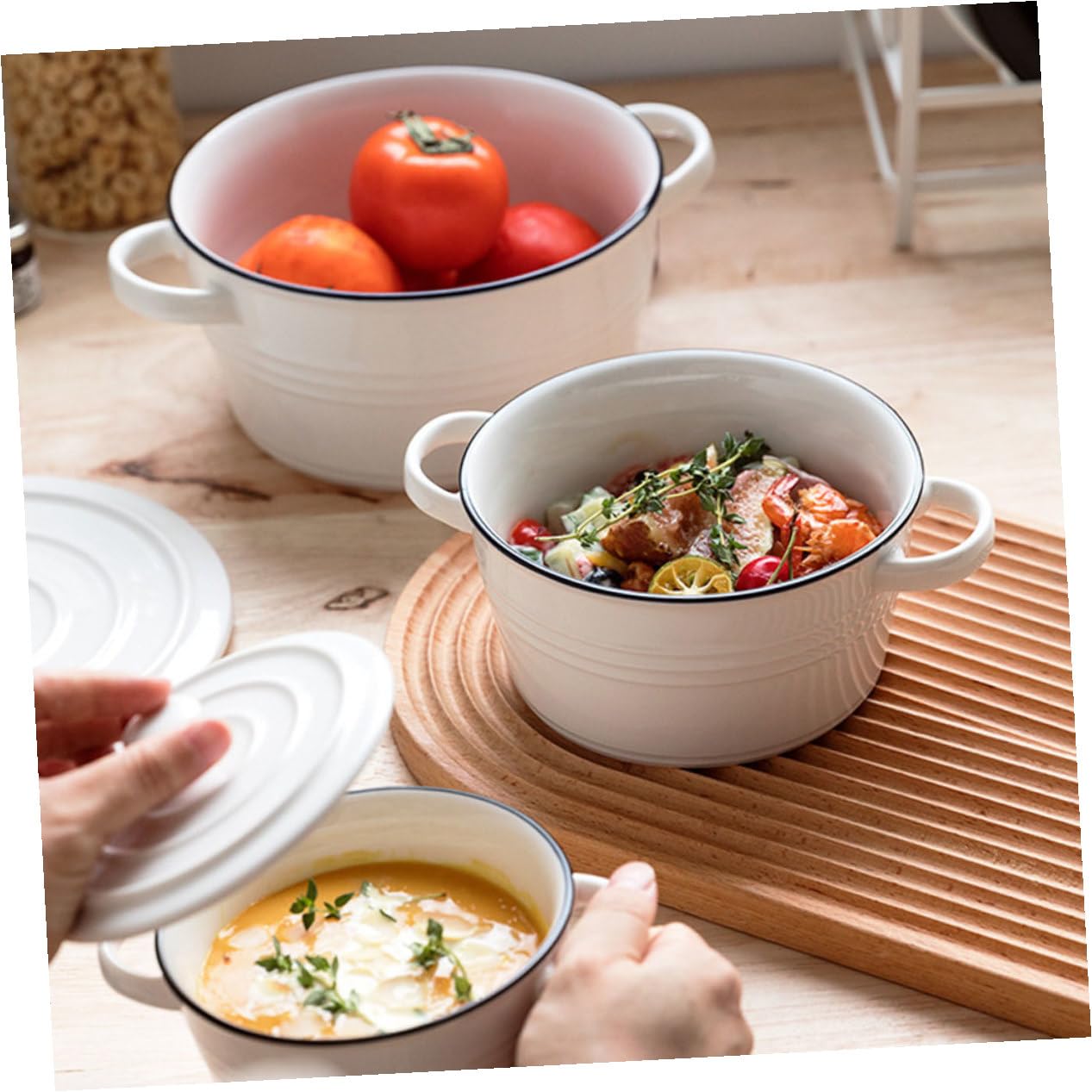 Bol Cerámico Doble Asa con Tapa Cuenco Desayuno para Sopa Arroz Ramen Ensalada y Postre Vajilla Resistente y Segura para Uso Diario