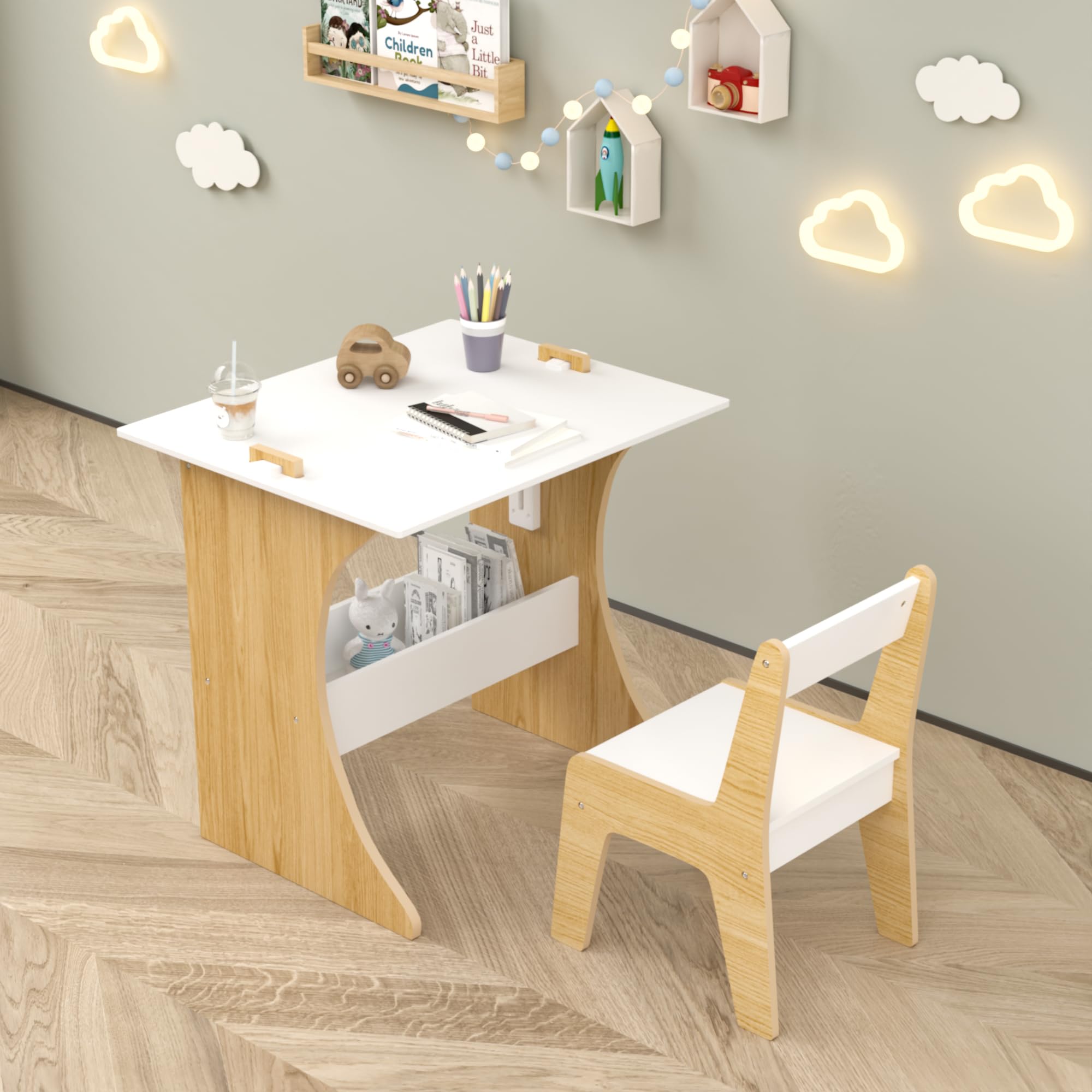 AOPNOMU Kids Table and Chair Set, 2 in 1 Wooden Children Study Table with Convertible Tabletop for Study, Drawing & Play, Toddler Desk with Storage, Gift for Boys & Girls, Natural+White