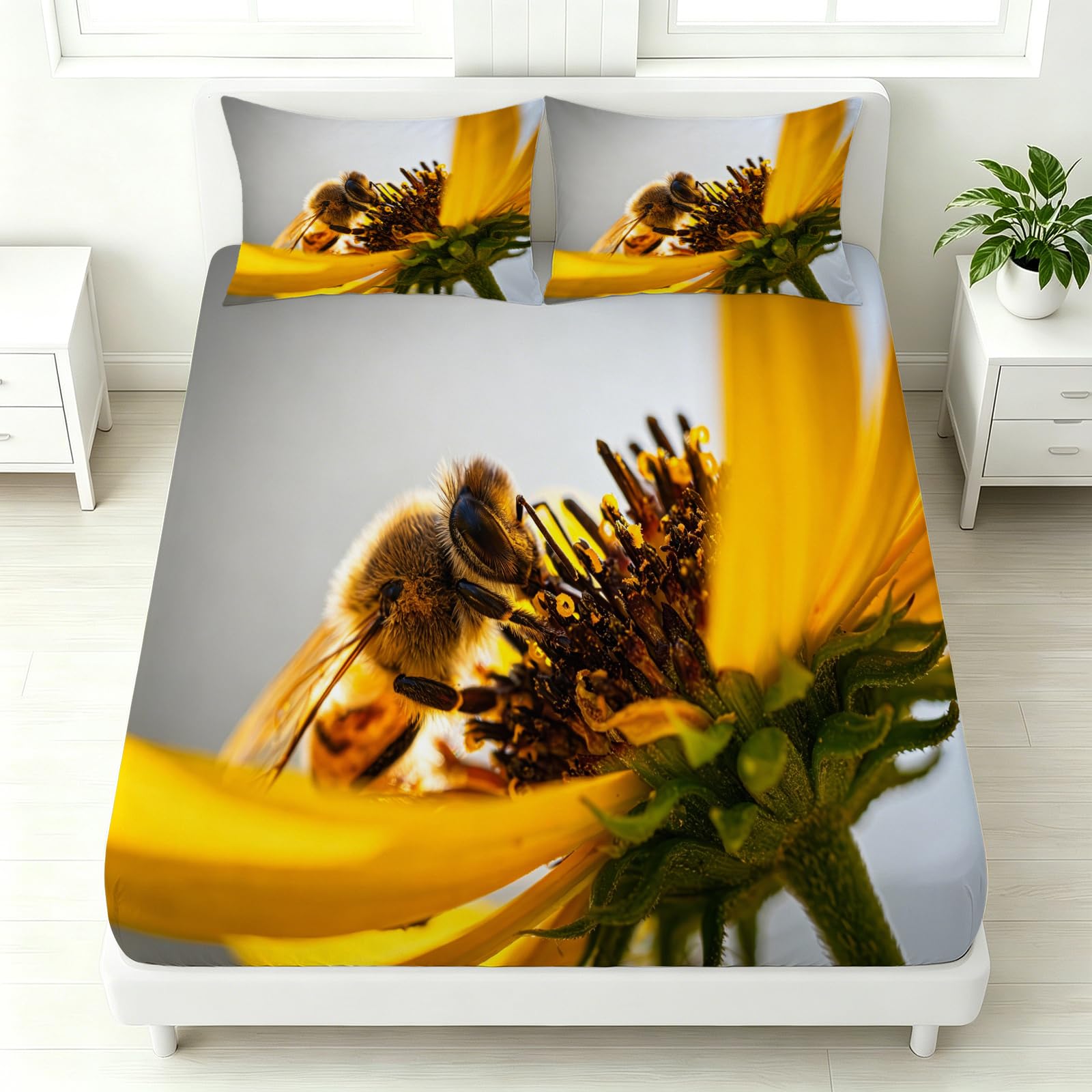 Sábana Bajera Ajustable 180 x 200 Flores de Abeja Tema Naturaleza
