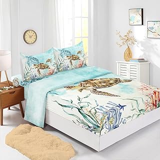 CVHouse Sea Turtle Bed Sheets Sets Twin Size,Watercolor Ocean Sea Turtle Bedding Sets for Kids Teens,Sea Turtle Fitted Sheet Sets,1 Flat Sheet & 1 Fitted Sheet with 2 Pillow Cases - 4 Pieces