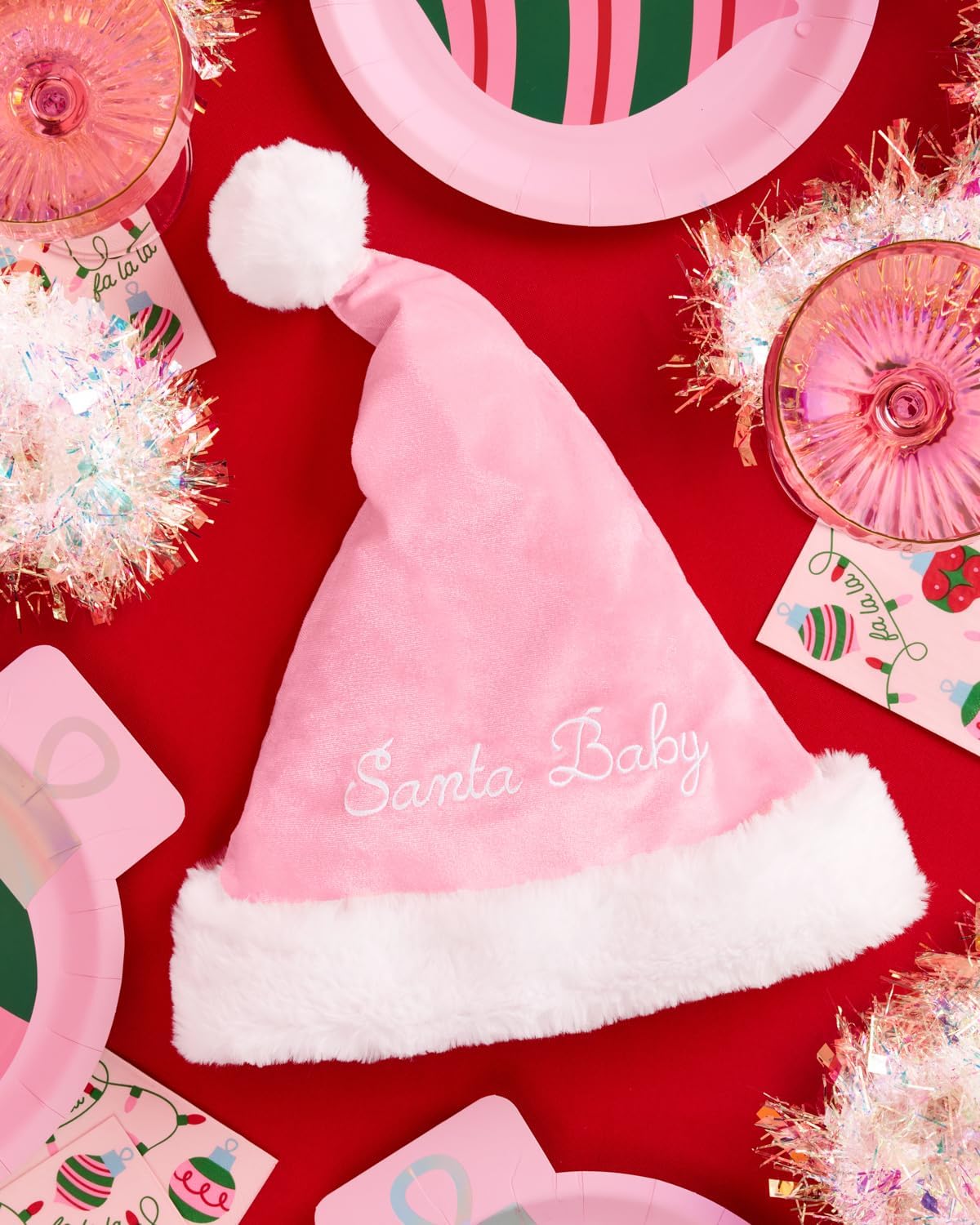 xo, Fetti Pink Santa Baby Hat | Holiday Gift, Pink and White Embroidered, Fuzzy Hat, Christmas, Santa Baby, White Elephant - Image 3