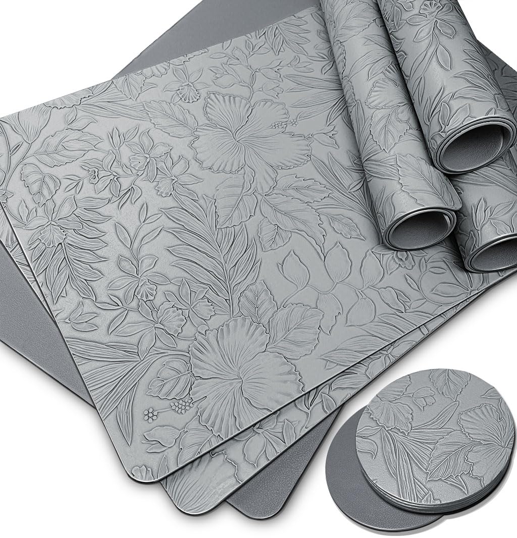 Dining Table Mats set of 6 Grey, Embossed Pattern Placemats set of 6 Vinyl, Wipeable Floral Leather Place Mats for Table, Waterproof-Washable Table Placemats and Coaster sets 6 for Outdoor_Rectangle
