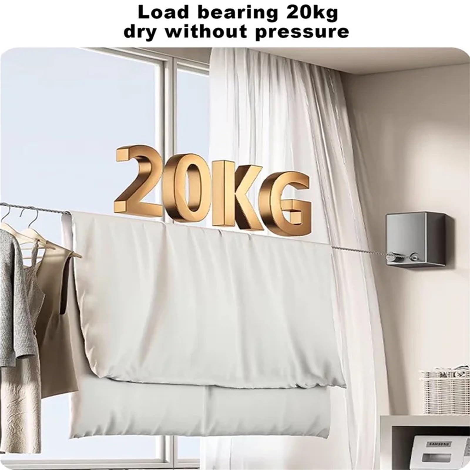 Einziehbare Wäscheleine zur Wandmontage ohne Löcher. Universelle Wäschetrocknungsdecken for drinnen und draußen sind klein unsichtbar