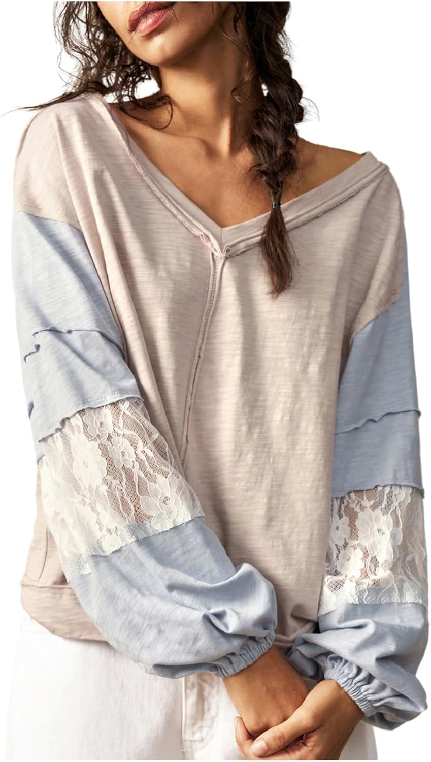 Women's Oversized Tshirts Lace Patchwork Color Block T Shirt Bishop Sleeve V Neck Tee Top