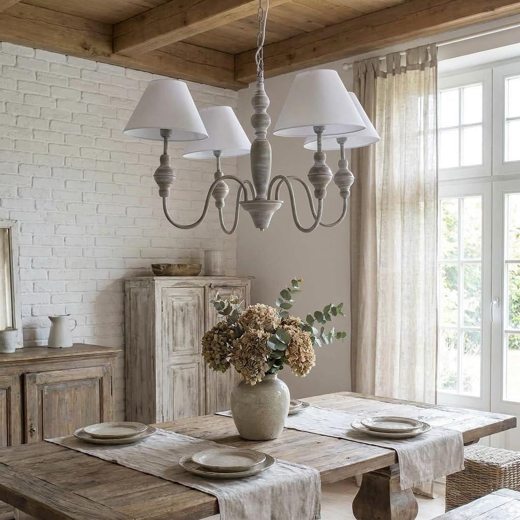 DiKasa Lampadario a Sospensione 4 Bracci in Metallo Grigio Stile Shabby Chic, Paralumi in Tessuto Bianco Smontabili, Attacco E14, Diametro 56 cm Altezza 95 cm