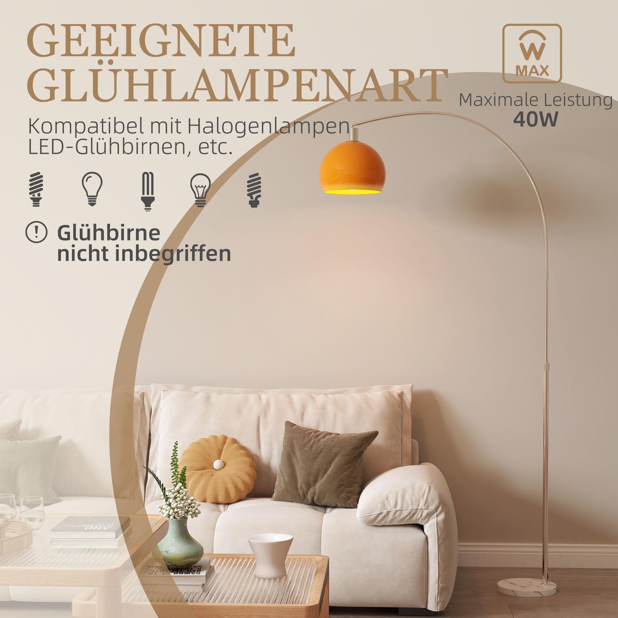 HOMCOM Stehlampe Wohnzimmer im Bogen Design mit Marmorsockel Stehleuchte mit Lampenschirm Fußschalter E27 Fassung, für Schlafzimmer Büro, exkl. Glühbirne