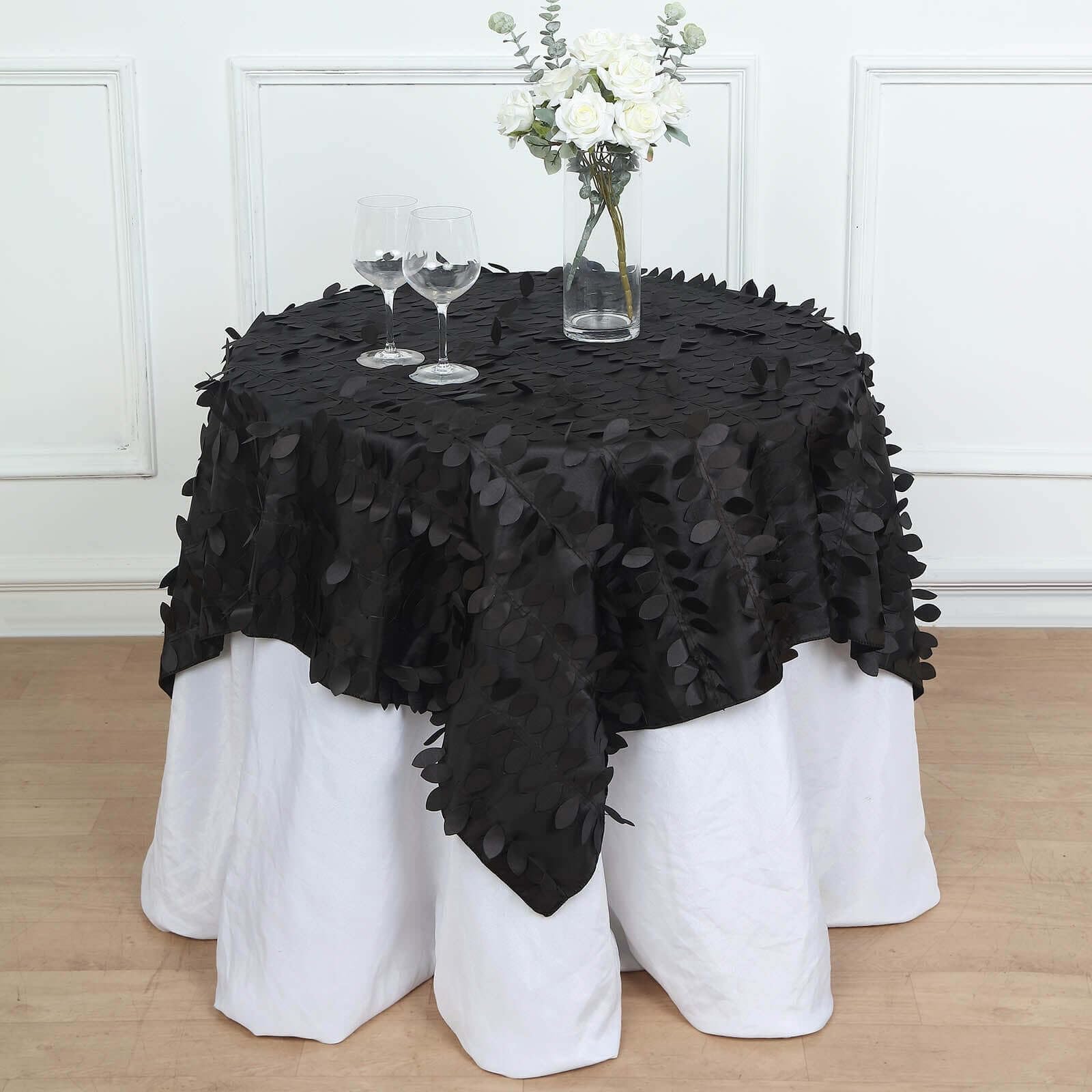 Efavormart 54" Square Leaf Petal Taffeta Tablecloth - Decorative 3D Leaf Ruffle Table Cover for Forest Party, Wedding, Event, Dessert Tables - Black