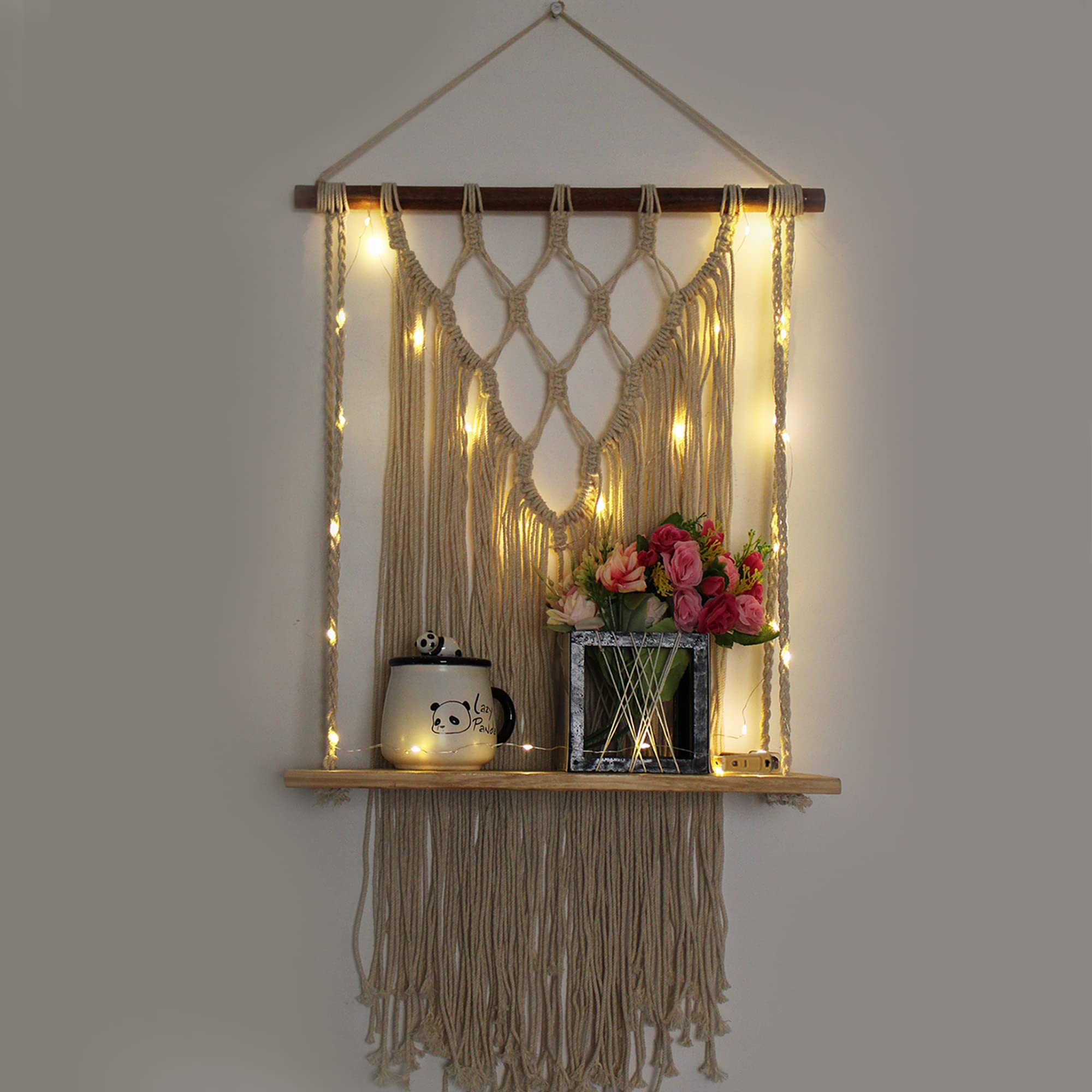 VAH- Kya Bat Hai !!Macrame Wall Hanging Shelf, Set of 1 Wood Floating Shelves -Wood Hanging Shelf Bohemian with LED Light