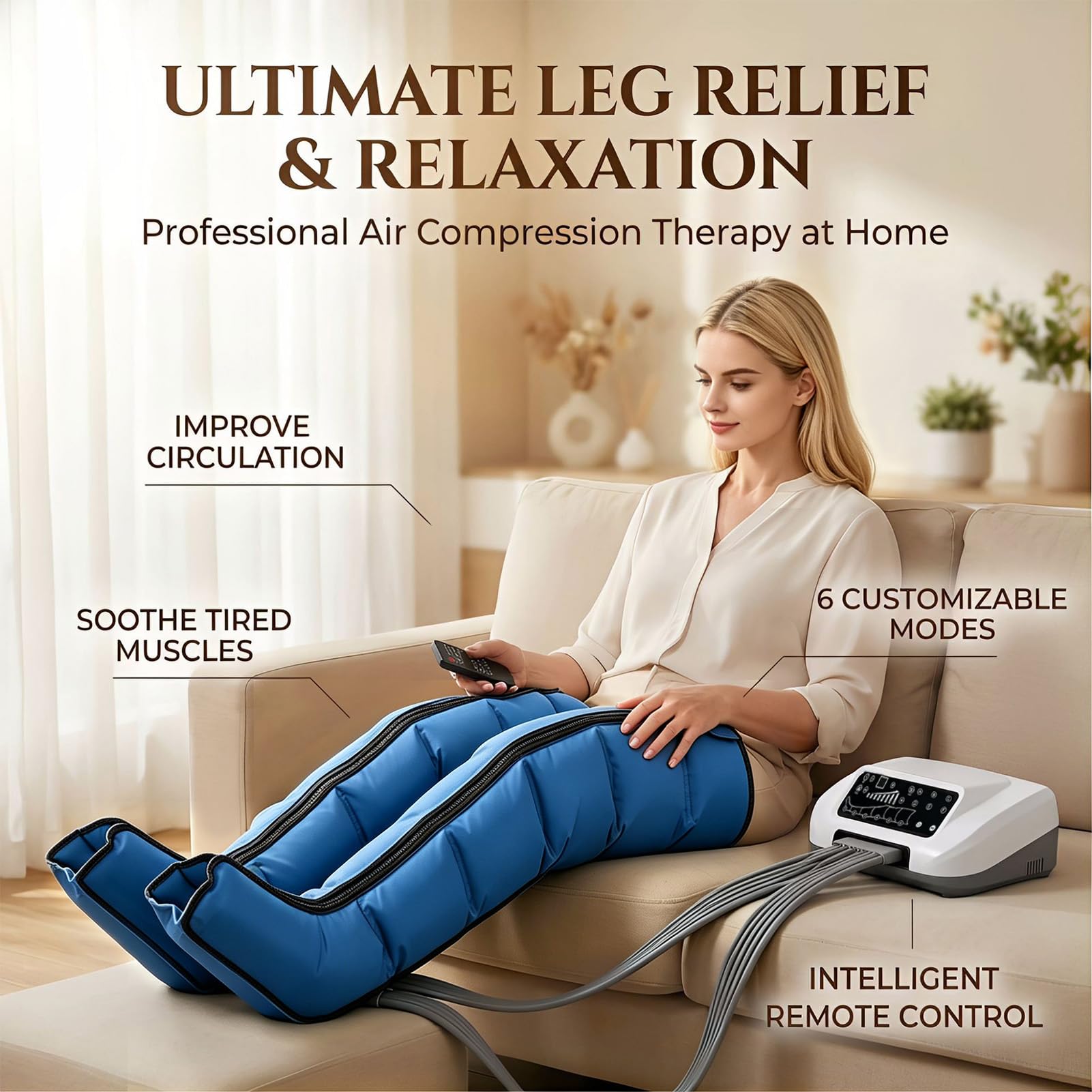Pressoterapia Linfodrenaggio Gambe, Pressoterapia a Casa per Gambe 6 Camere e 6 Modi Combinati, Pressione Regolabile 30-250 mmHg, Timer 0-30 Min, Allevia Dolori e Gonfiori alle Gambe