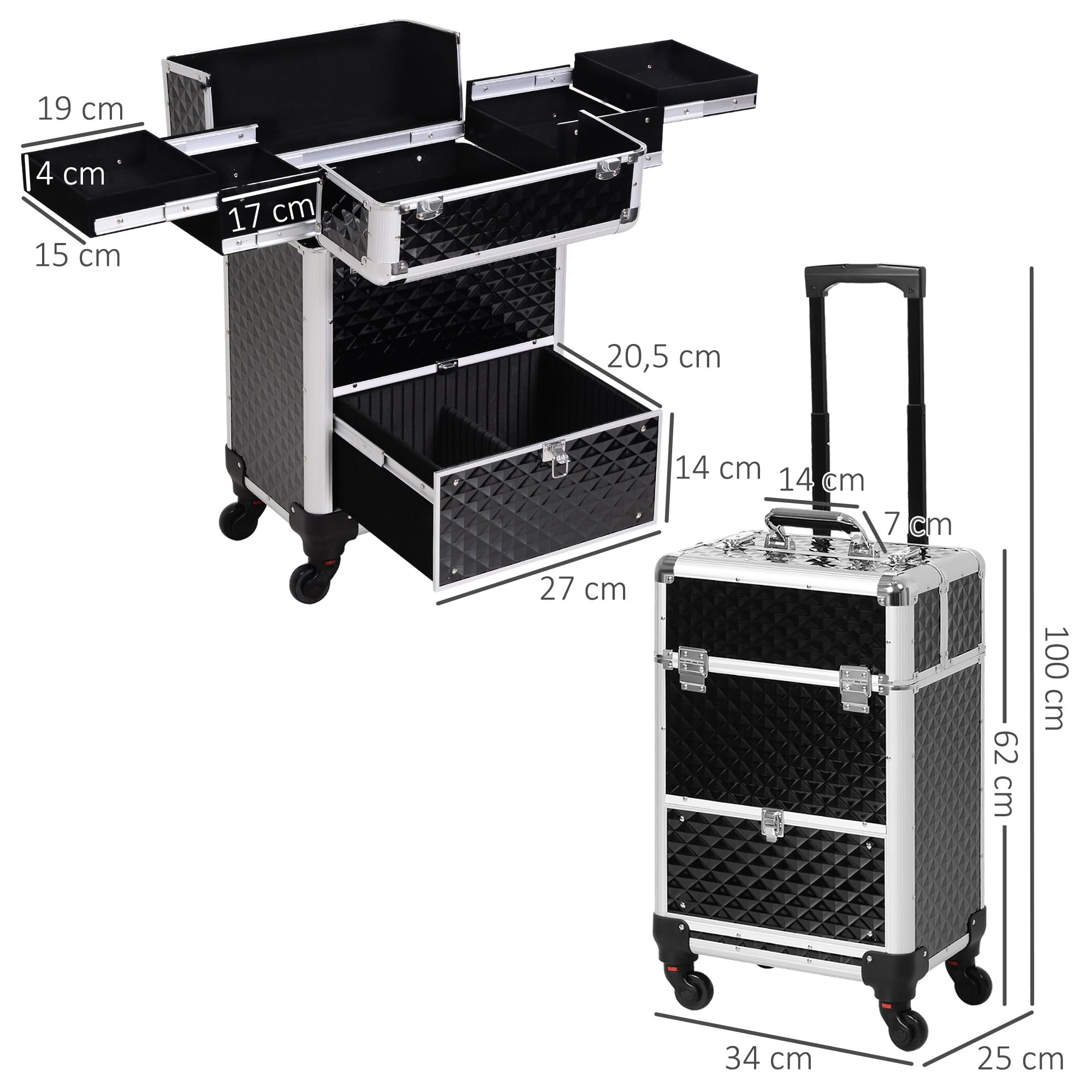 Walizka Wózek Kosmetyczka z Regulowaną Teleskopowa Rączka 34L x 25W x 62H cm Alu. Czarny