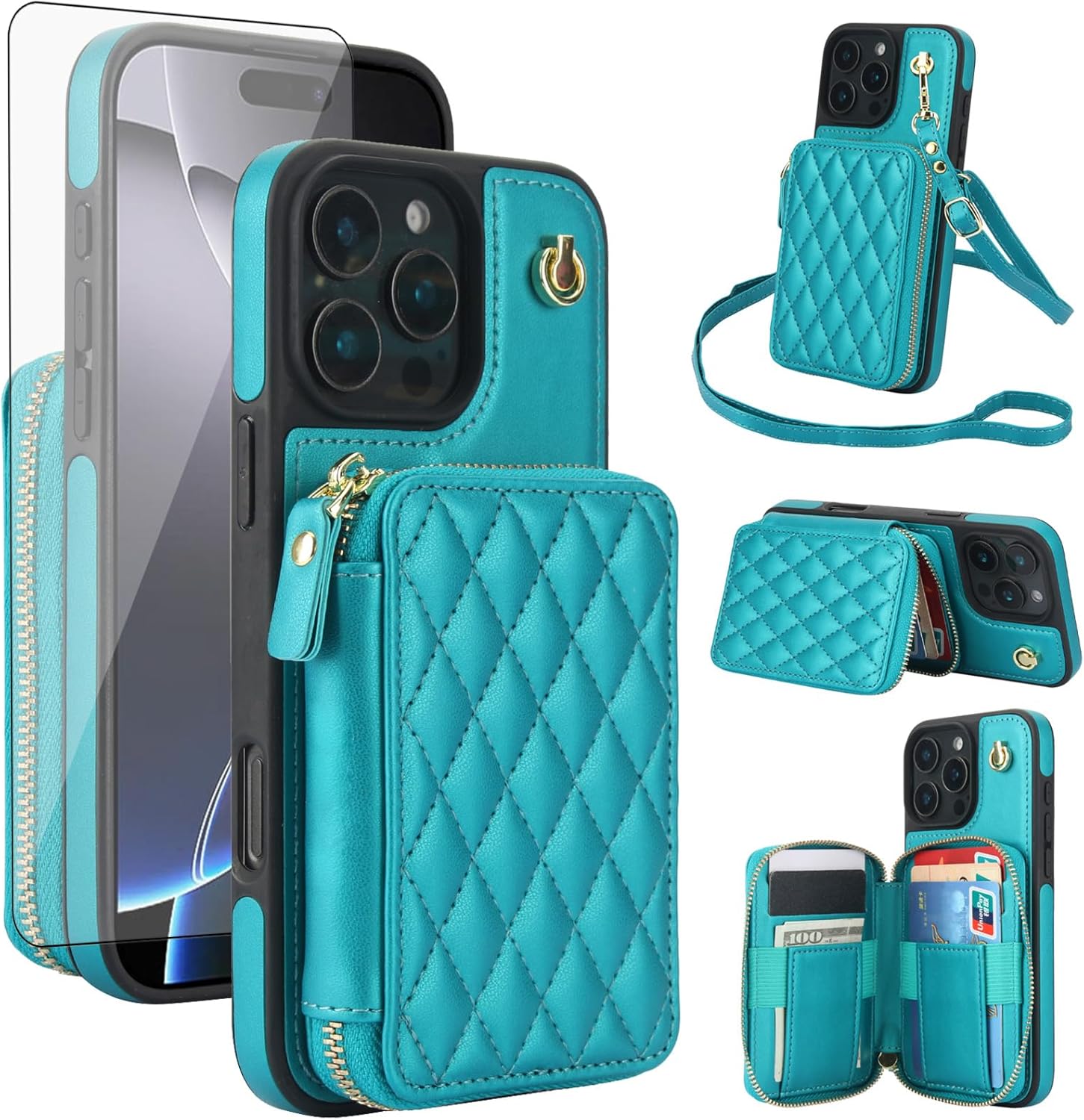 Phone Case for iPhone 16 Pro 6.3 inch Wallet Cell Cover with Tempered Glass Screen Protector Wrist Crossbody Strap Lanyard Stand RFID Blocking Credit Card Holder i Phone16 i16 16Pro Women Girls Green
