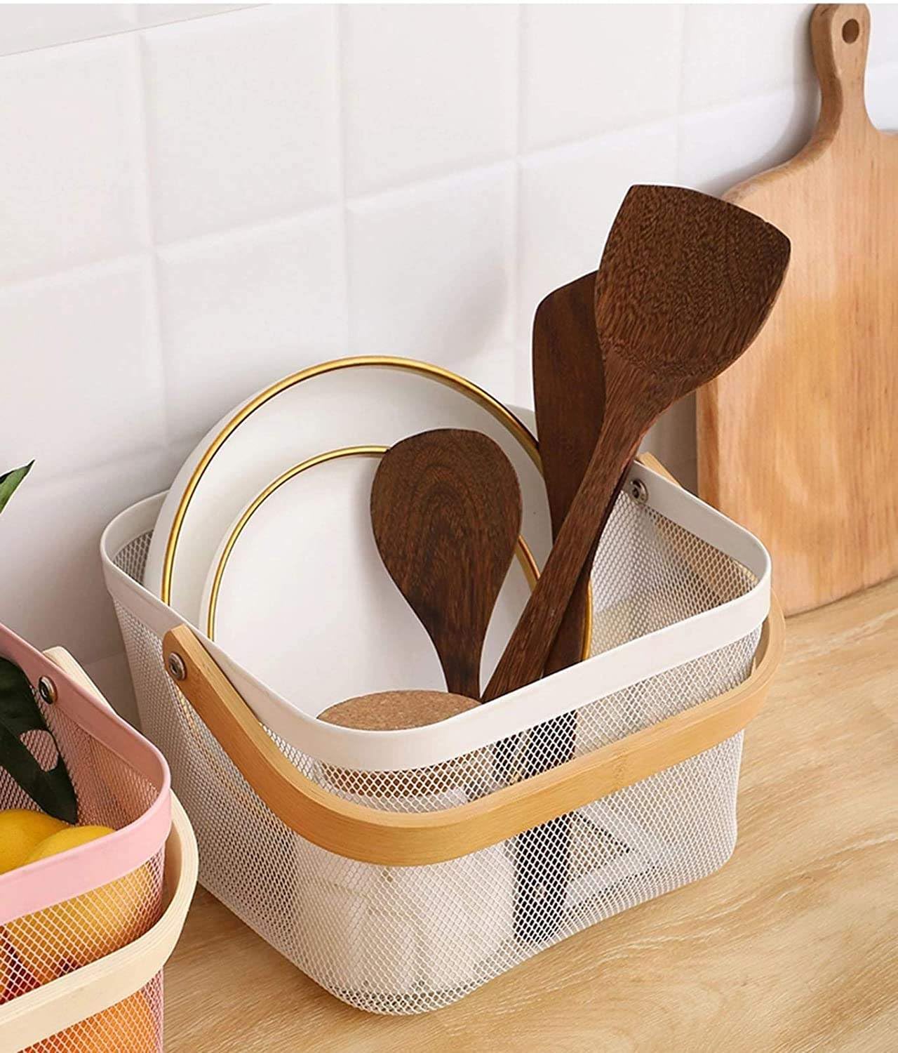 Multi-Functional Metal Wire Hanging Kitchen Baskets, Organizer,Mesh Steel Fruit Basket Bin with Wood Handle,Farmhouse Harvest Gardening Basket for Bathroom, Picnic (white)