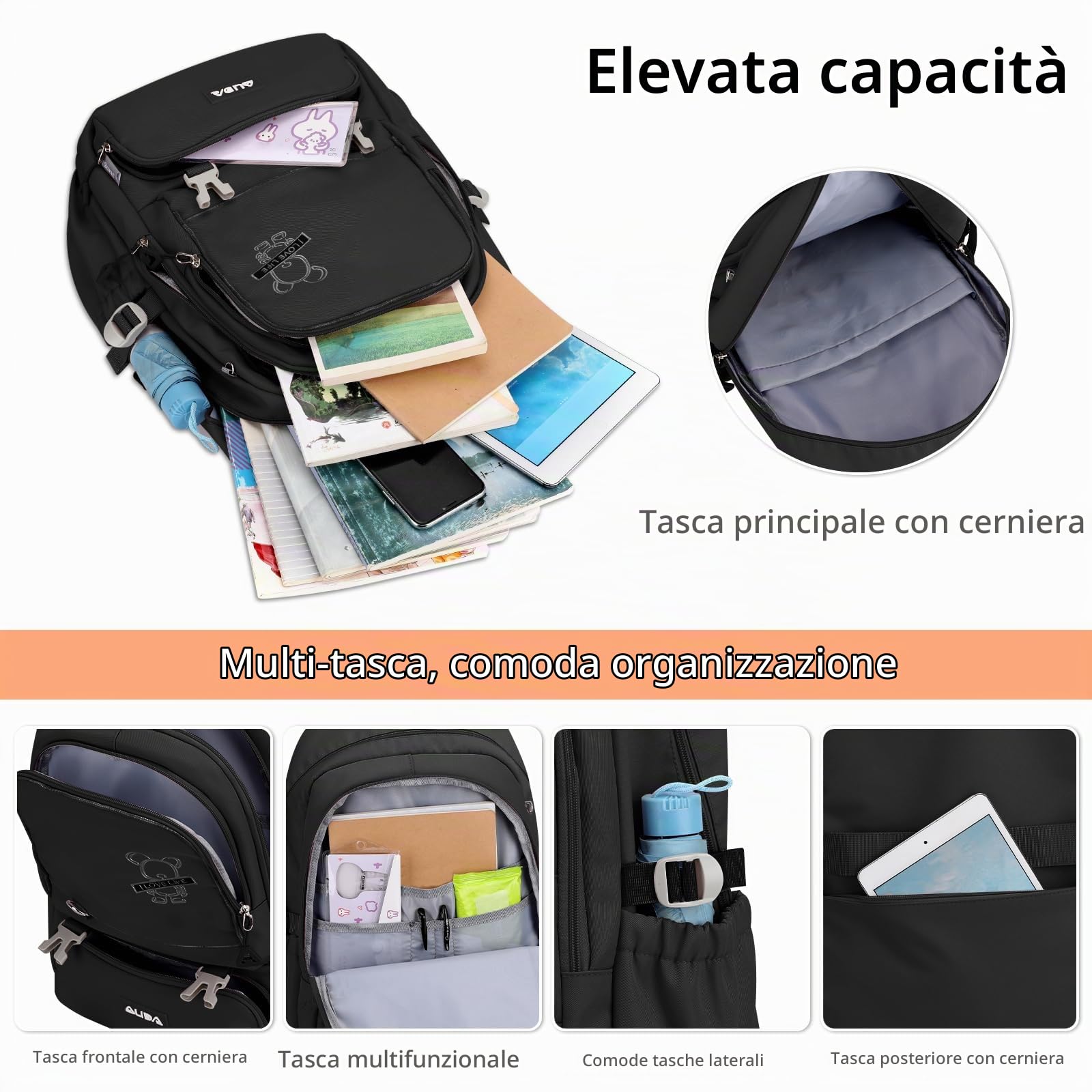 Ragazze Zaino Studenti Zaini Scuola Donna Porta PC 15,6 Pollici Borsa Zainetto Impermeabile Poliestere Daypack per Viaggio Campeggio Nero