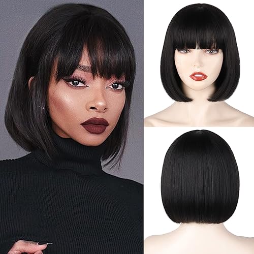 WERD Black Short Bob Wig,Straight Black Bob Wig with bangs, 10 inch Straight Bob Bangs Wig for Women Natural Looking for Daily Use