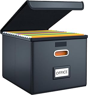 Finew Upgraded Portable File Boxes, Leather File Boxes with Plastic Slide, File Storage Boxes with Lid for Folder Organiser, Foldable Linen Hanging Document Storage Box (Black)
