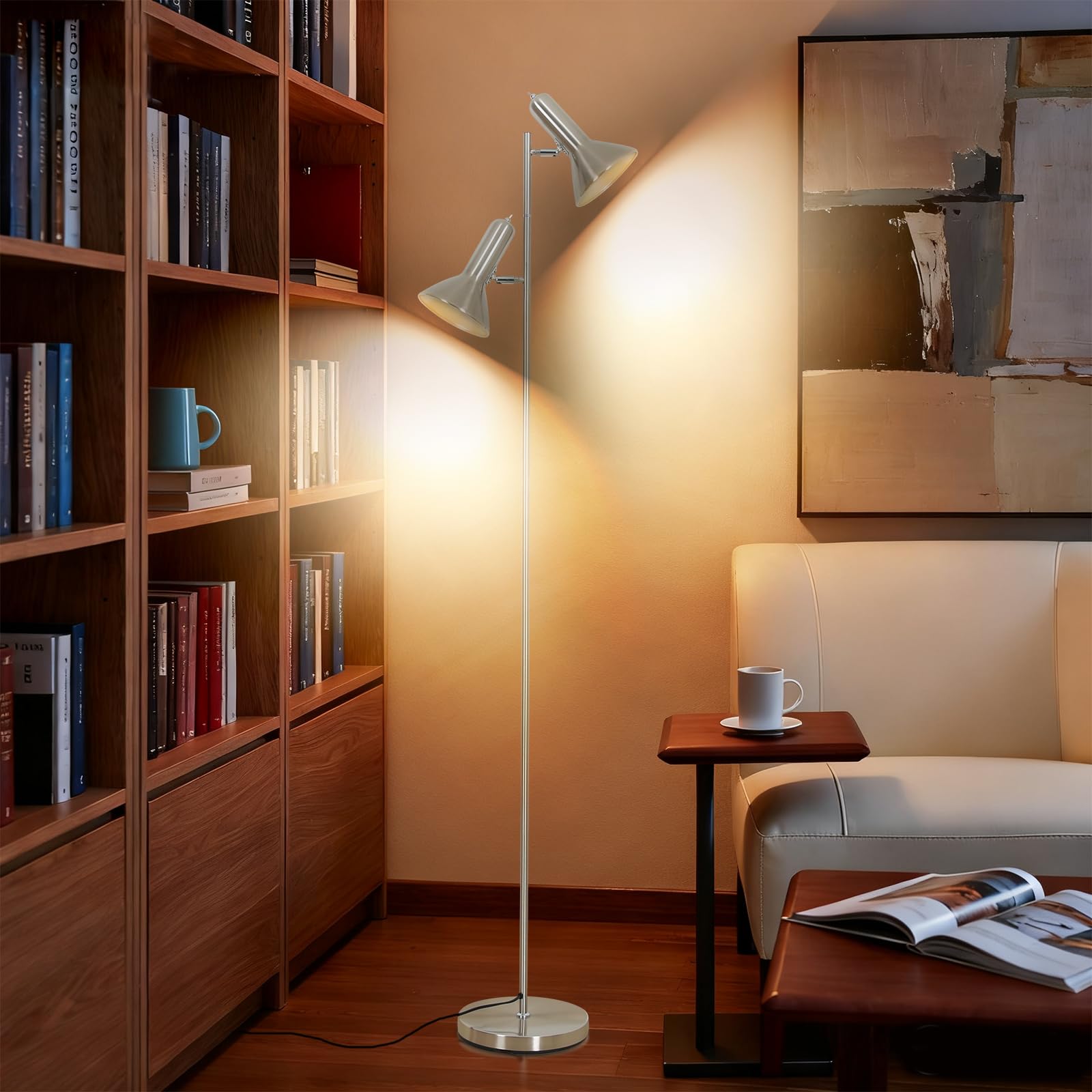 Lampa de Pie de Salotto DIYA-Nichel, 2x E27 MAX. 60W Floor lamp, Lampada da Terra Vintage altezza 272CM, Lampada da Terra Retrò in Metallo per Camera da Letto, Studio, Ufficio, Pianta
