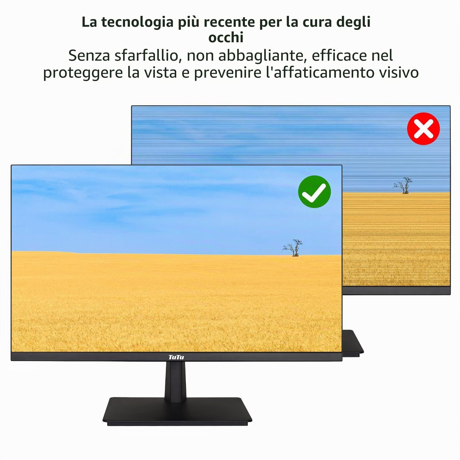 TuTu 24 Pollici Monitor Full HD VA Pannello Senza Bordi 75HZ Eye Care (1920 x 1080, VGA HDMI VESA 75 x 75mm), Senza Sfarfallio, Filtro Luce Blu, Basso Consumo Energetico, Monitor per PC Office