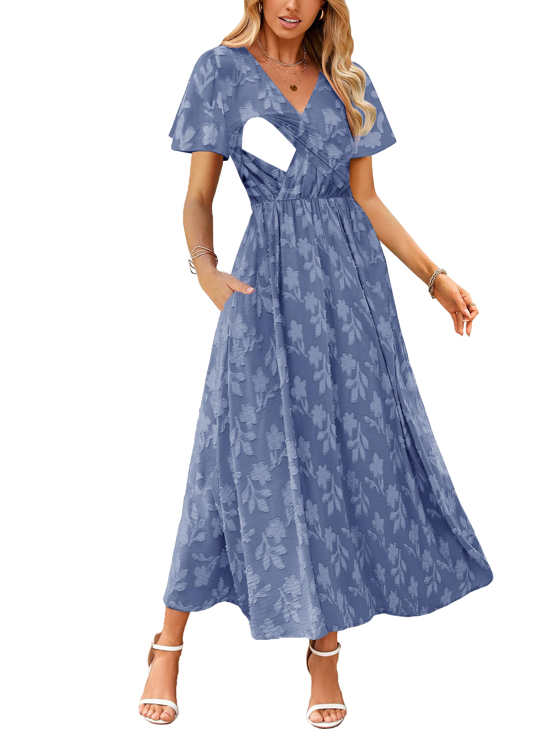 czzzyl Women's Nursing Boho Floral Dress Flowy Casual V Neck Short Sleeve Wedding Guest with Pockets-picture-12