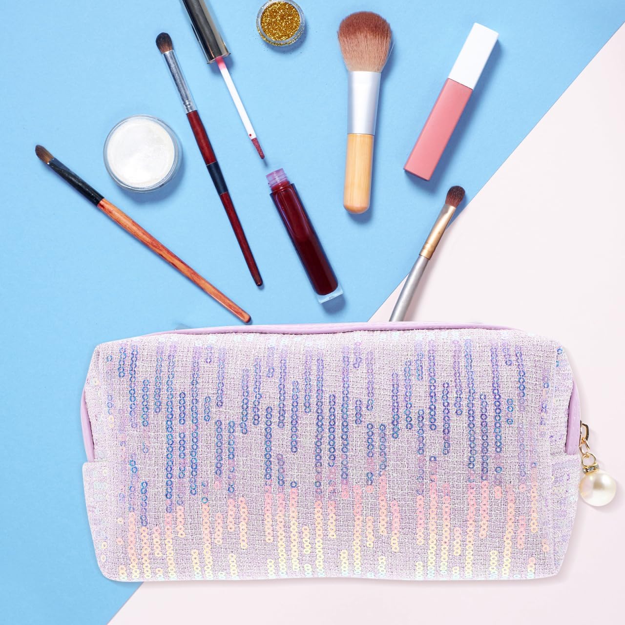 Glitter Makeup Bag - 8inch Portable Cosmetic Bag for Women, Trendy Shimmery Evening Purse, Travel Makeup Pouch with Zipper, Sequin Pink Cosmetic Case - Image 2