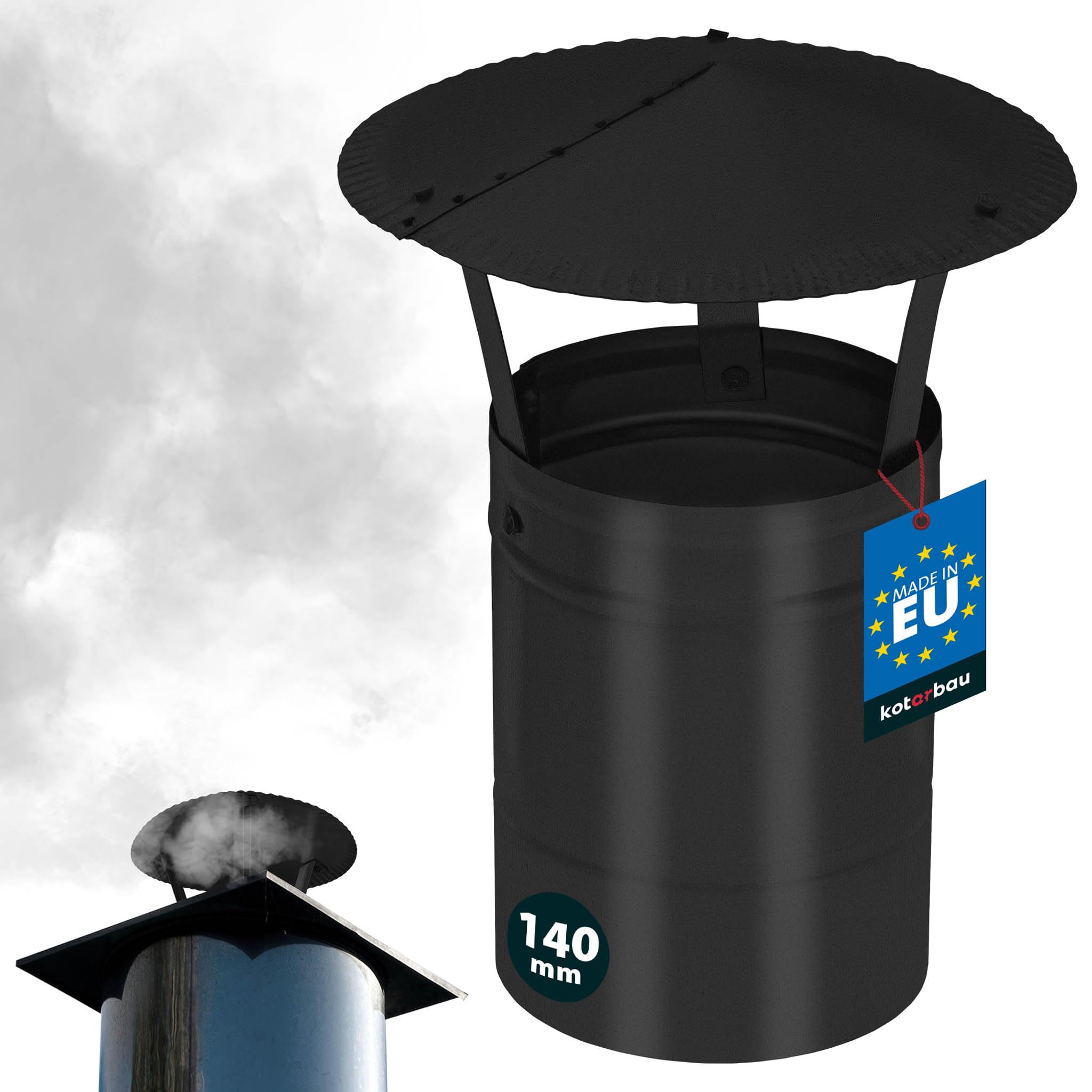KOTARBAU® Chimney Cow - Chimney Cap - Galvanized and Powder-Coated Steel - ø 140 mm (5.51 in) - Black - Flue Rain Cap - Flue Cowl - Rust Resistant - Rain Hat