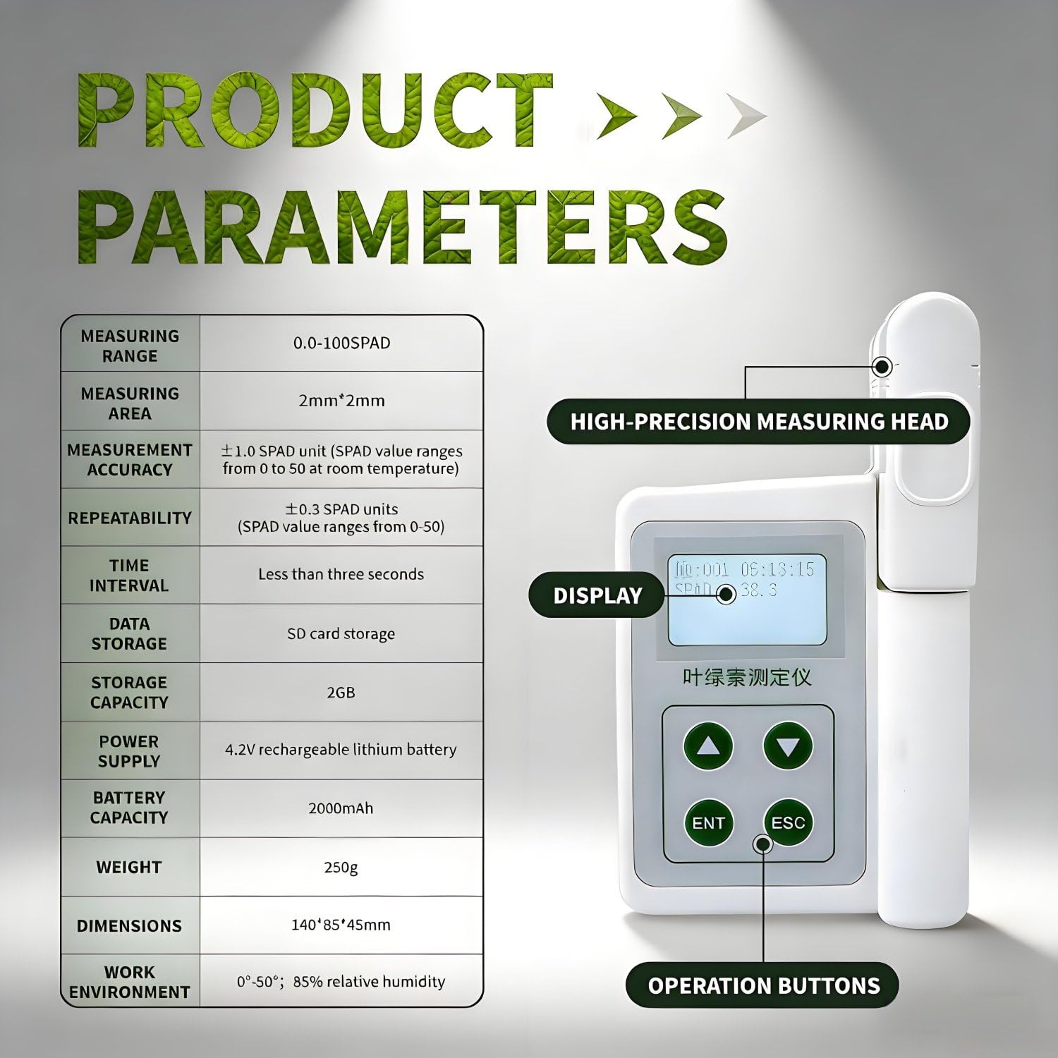 Analyseur de chlorophylle, thermomètre foliaire, humidimètre foliaire 0,0-99,9 SPAD, Compact et Portable, pour Agriculteurs et jardiniers.