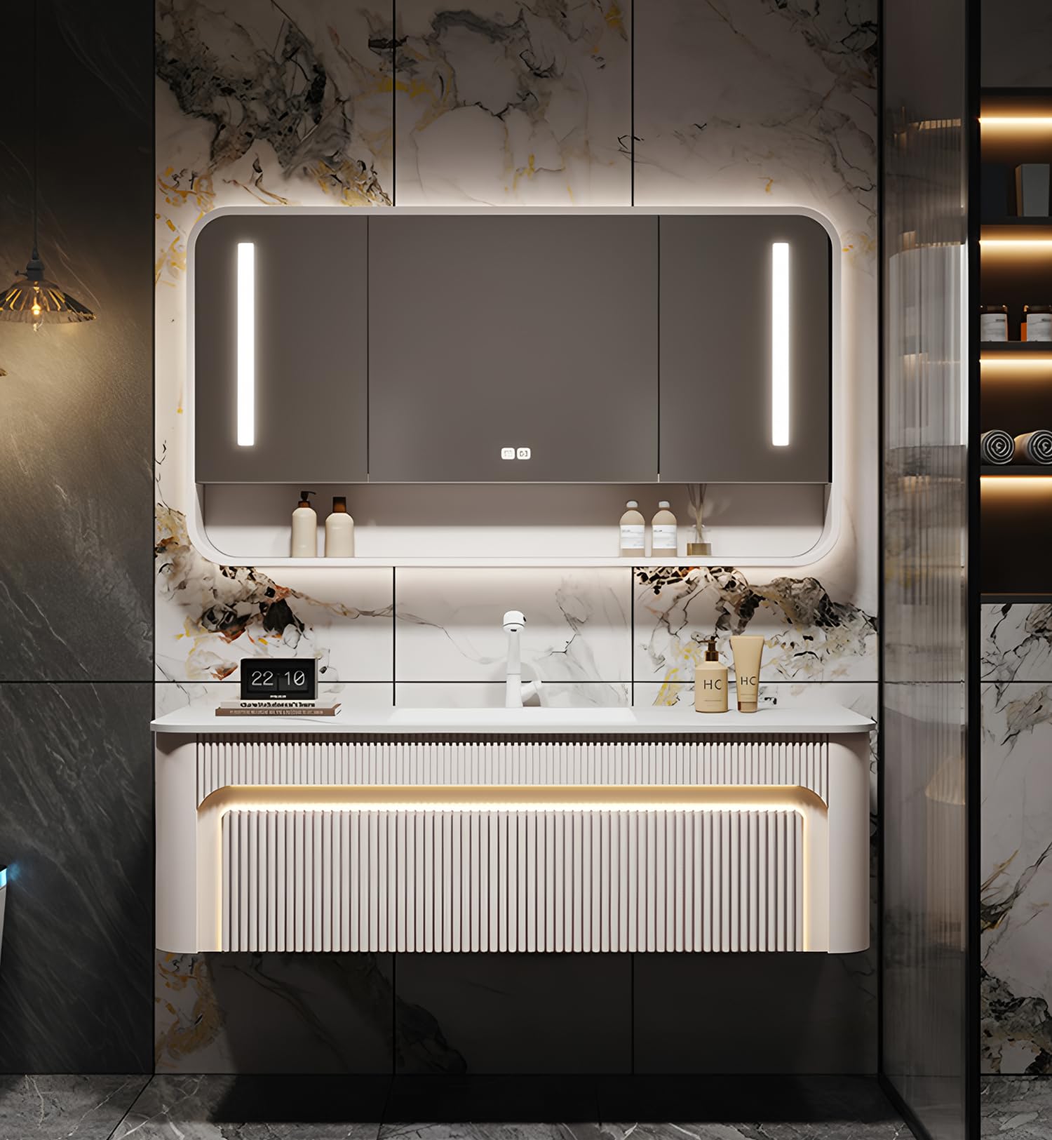 Bath Vanity with Single Sink, 72Inch Modern Bathroom Vanities Includes LED Smart Mirror Cabinet & Slate Countertop, Bathroom Sink Cabinet with Sensor