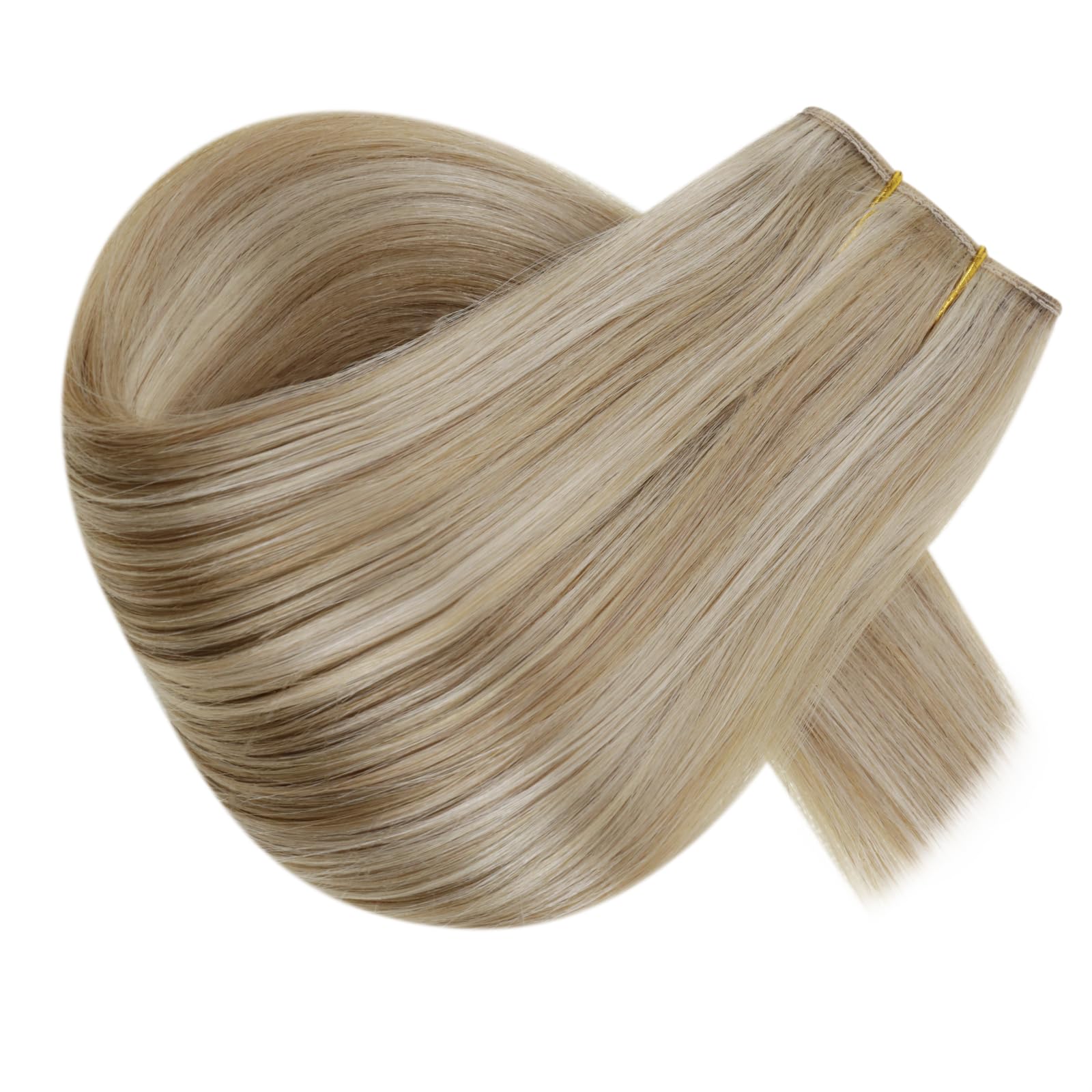 RUNATURE Extensions Echthaar mit Draht 40cm Higligh Blond Glatt Haarextensions Haarverlängerung Extensions Echthaar mit Unsichtbarer Draht Blond 80g Draht Extensions Echthaar Farbe #16P22