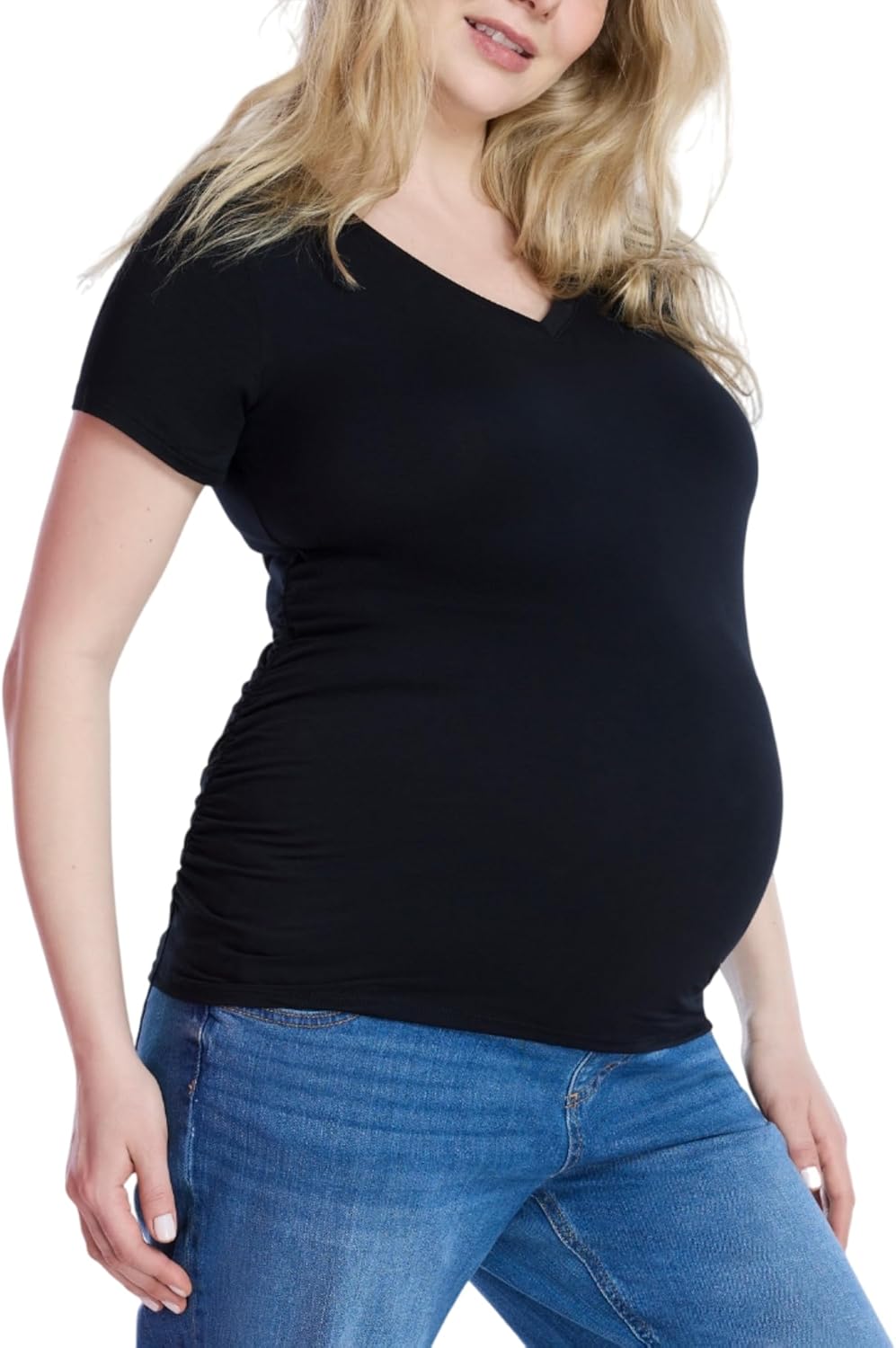 Motherhood Maternity Women's Short Sleeve Side Ruched V-Neck Pregnancy Tee Shirt