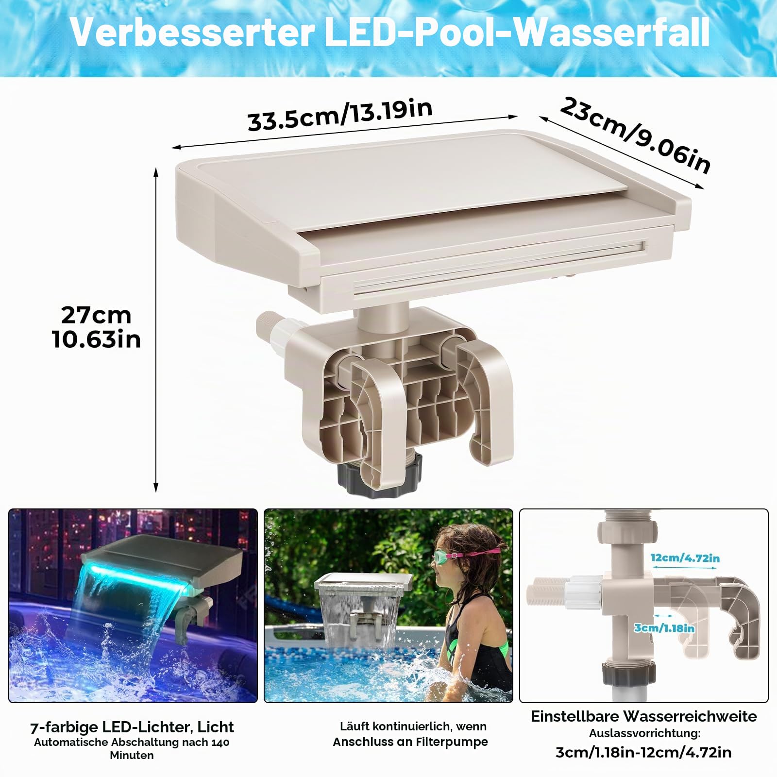 Hanaoyo LED-Poolbrunnen Wasserfall für oberirdische Pools, 7 Verschiedene Beleuchtungsfarben, glatt fließender Pool-Wasserfall, entspannende Kaskade für Außendekoration, verstellbare Breite, passend
