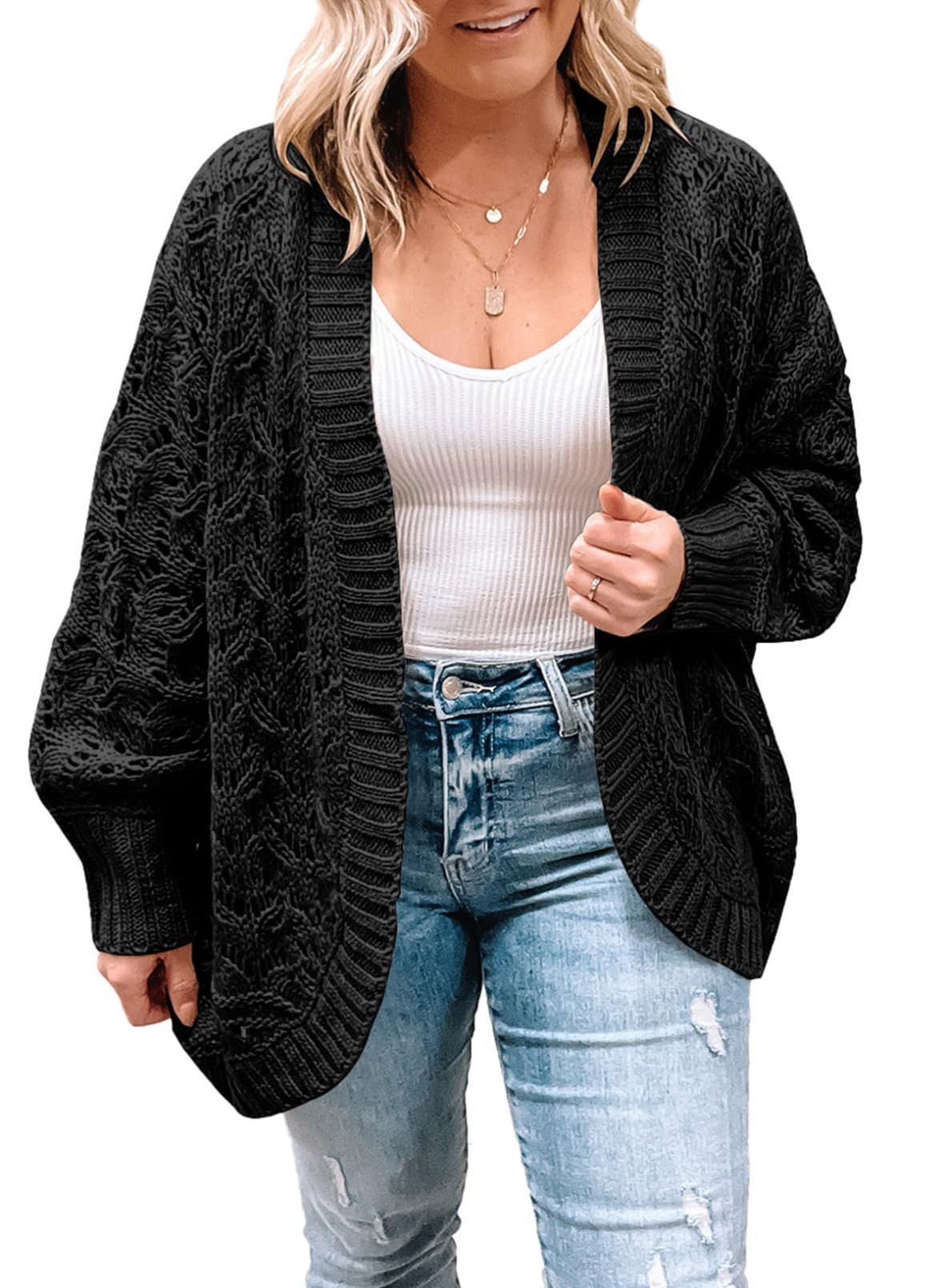 Eytino Womens Plus Size Crochet Cardigan Sweater Long Sleeve Hollow Out Open Front Cardigans Outwear 1X-5X