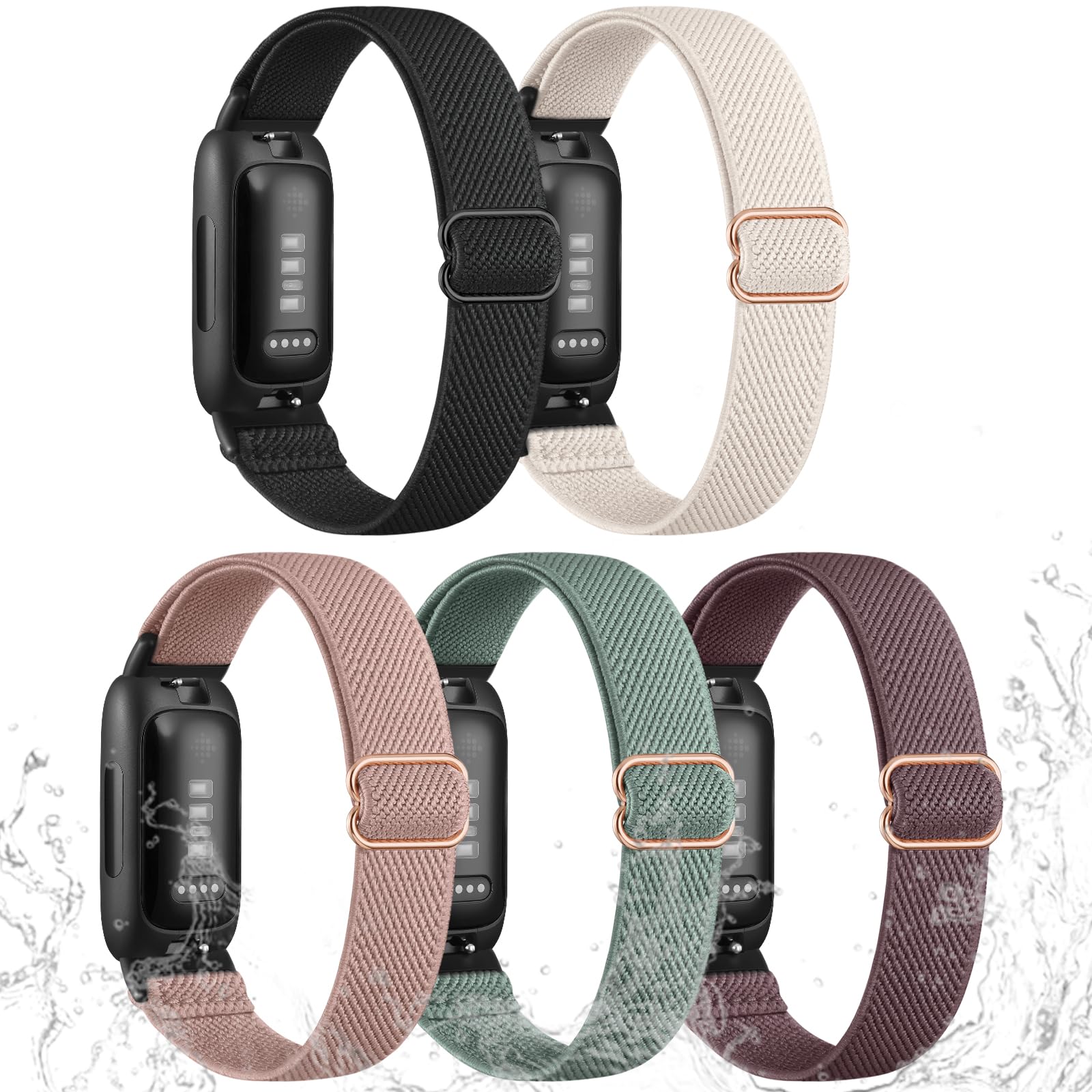 Odbeai Elastic Bands Compatible with Fitbit Inspire 3 Bands for Women Men, Water-Resistant Stretchy Nylon Adjustable Soft Sport Replacement Strap for Inspire 3/Inspire 2/Inspire/Inspire HR, 5 Packs Apricot/Black/Pine Green/Pink/Smoke Violet