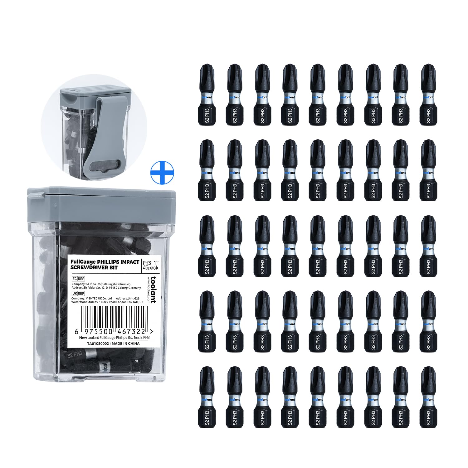 toolant 1 Inch Phillips Bit#3 Magnetic Anti Slip Impact Screwdriver Bits Set,45pcs Insert S2 Steel PH3 Driver Dit Set with CNC Machined Tips for Power Drill