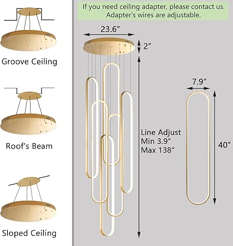 Miniatura 3 de Candelabro moderno de 6 anillos, luz LED dorada grande contemporánea para escalera, lámparas de techo alto regulables con control remoto para villa