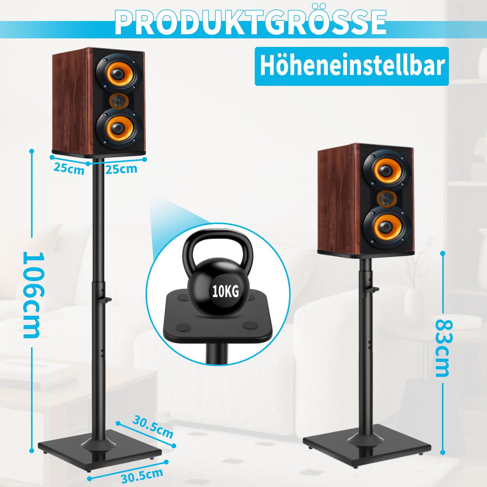 OUUTMEE Par de soportes de altavoz de altura ajustable para satélites de hasta 10 kg, se extienden de 83 a 106 cm, soportes de altavoz de suelo con gestión de cables, soportes de altavoz de estantería