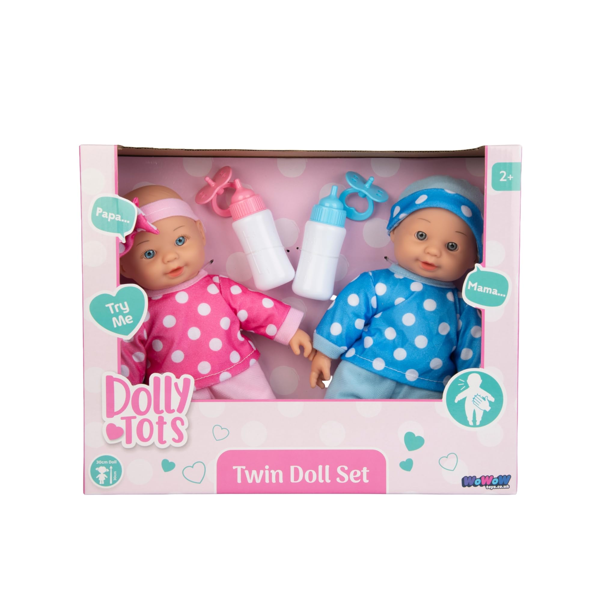 Dolly Tots Twin Dolls - Bambola parlante da 30 cm, bambola dal corpo morbido, bambole per carrozzine, passeggini e asilo nido, 5 suoni interattivi, ideale prima bambola per bambini, dai 18 mesi in su