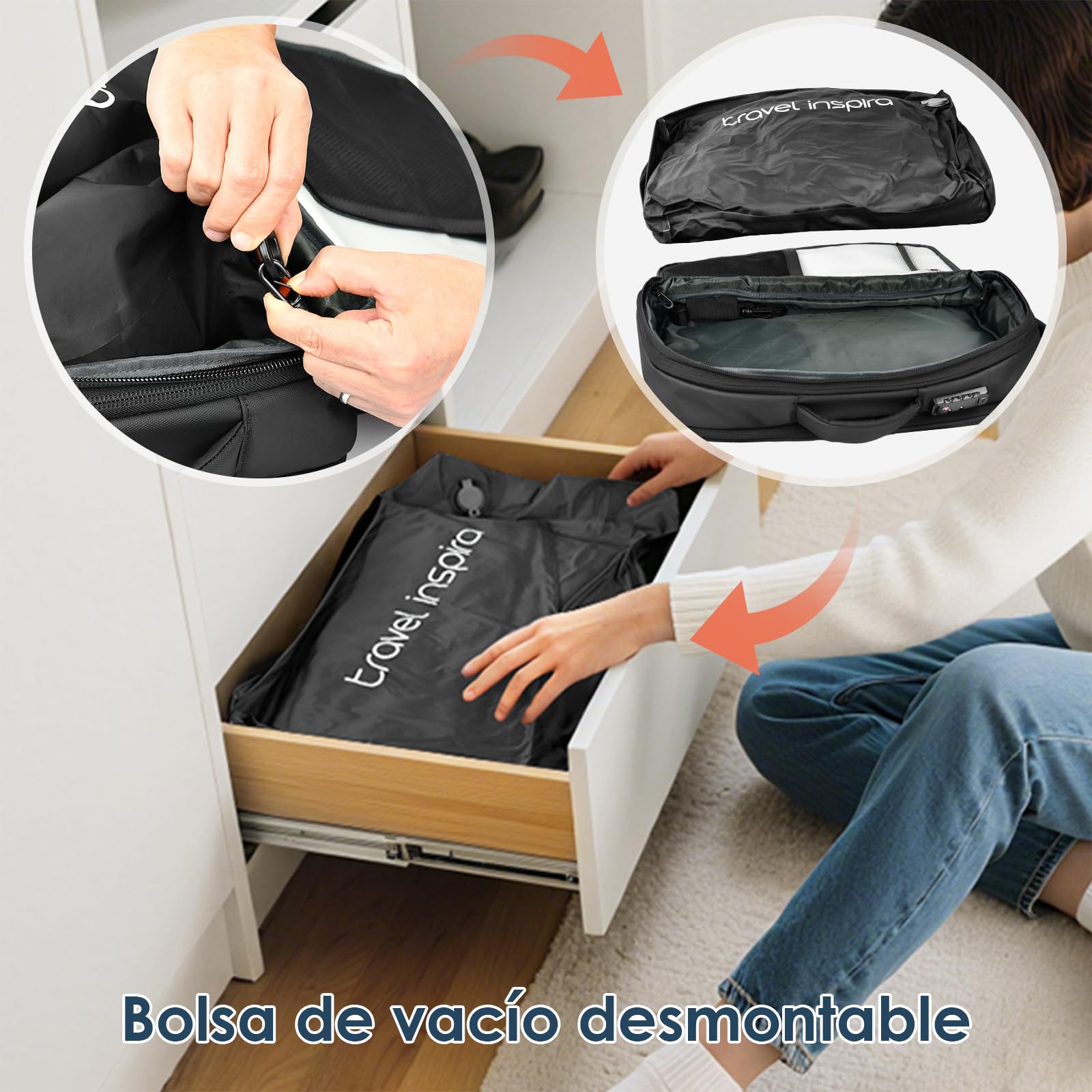 travel inspira Mochila de Viaje Con Vacio, Mochila de Mano Expandible con Bomba Eléctrica, Candado TSA, Compartimento para Laptop, Resistente al Agua, Bolsa Húmeda/Seca