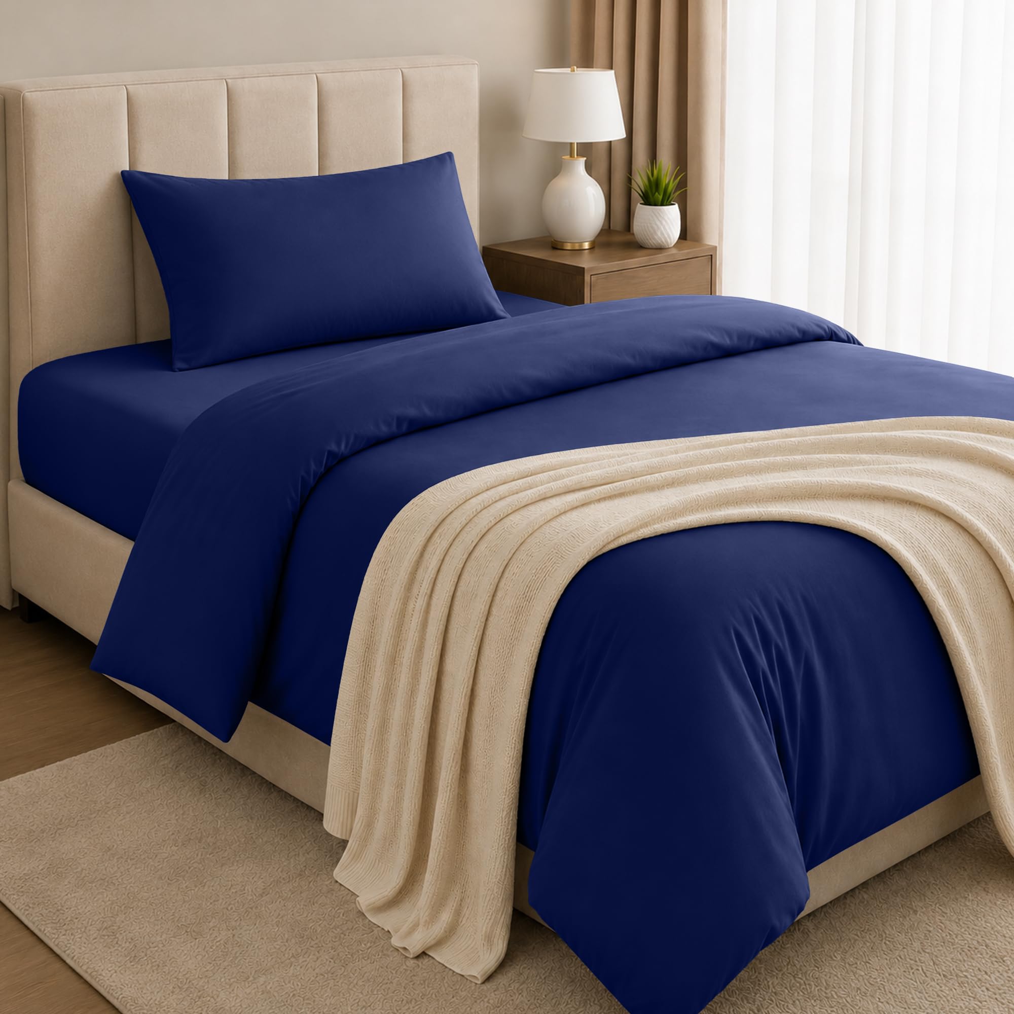 BEDIO Navy (3 Piece) Single Bedding Set - Duvet Cover, Fitted Sheet with Pillow case - Soft Brushed Microfiber Set