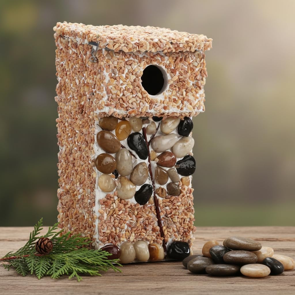 Stone Wren House Bird House for Outside Clearance, Cedar Bird House Bird Feeder for Outdoor, River Pebble Stone Villa, Leaf in Fall Design