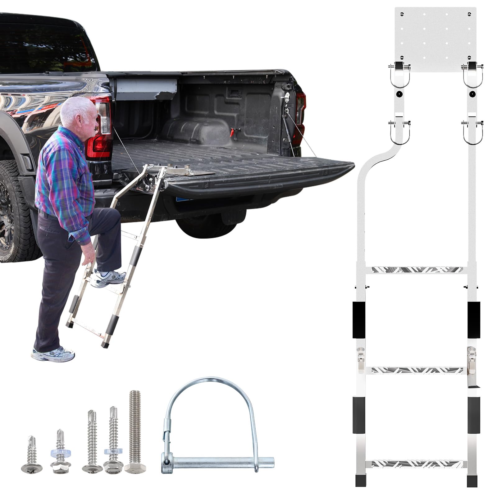 Tailgate Ladder for Pickup Trucks Stainless Steel, Easy Install Tailgate Steps Elder-Friendly, Truck Bed Ladder with Anti-Slip Steps, No Noise Pad, Truck Accessories Universal Fit Ram Ford, Foldable