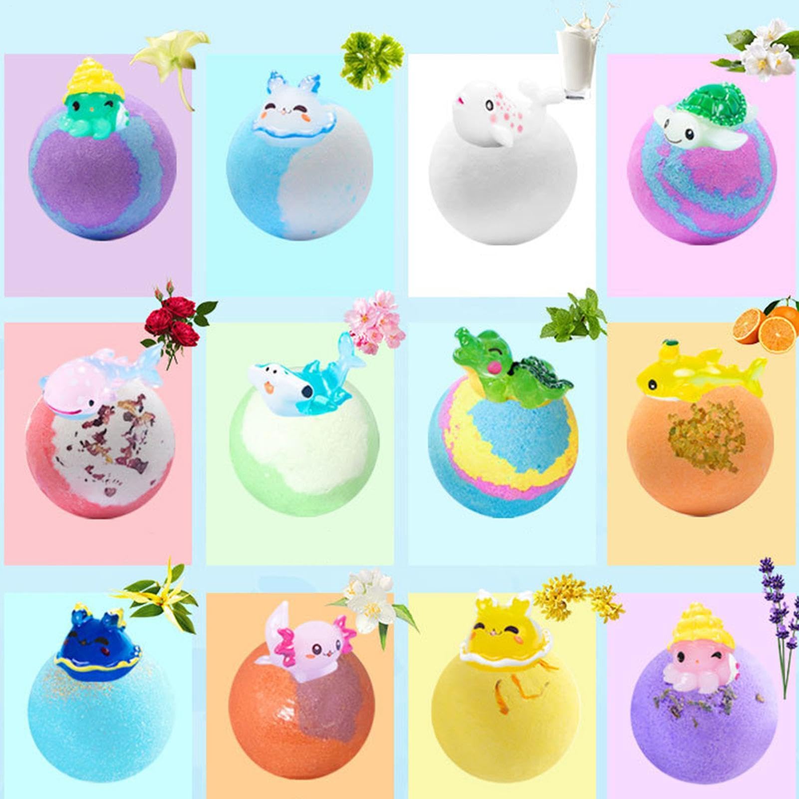 Coffret cadeau bombes bain enfant | 12 Bombes bain enfant | Animaux amusants bains mer avec à l'intérieur | Boules bains moussantes organiques naturelles éducatifs pour hydrater peau