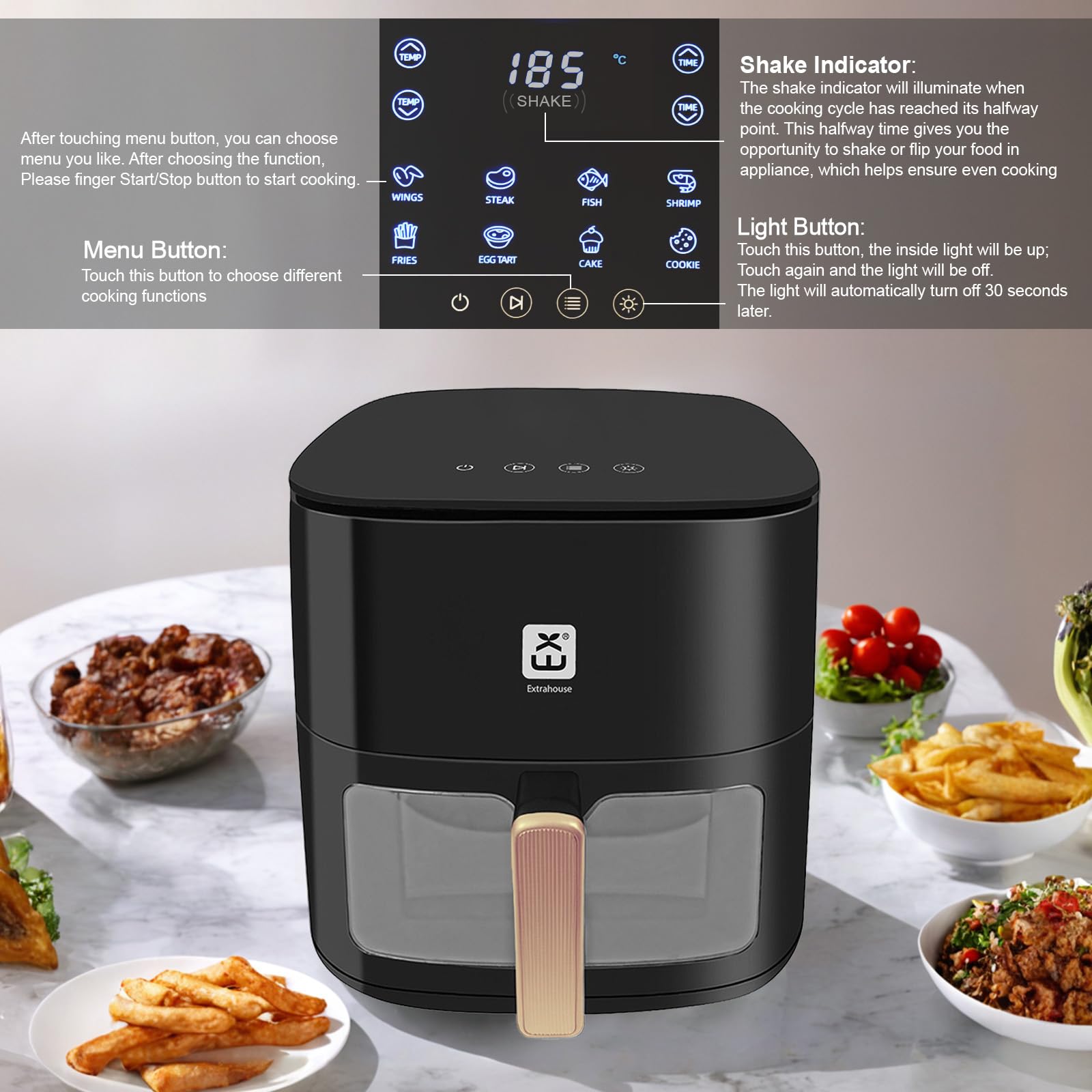Airfryer 7L, friteuse à air XXL sans huile avec écran tactile, friteuse avec affichage numérique, 1800 W, mode shake, minuterie, livre de recettes, température maximale 200°c, type3