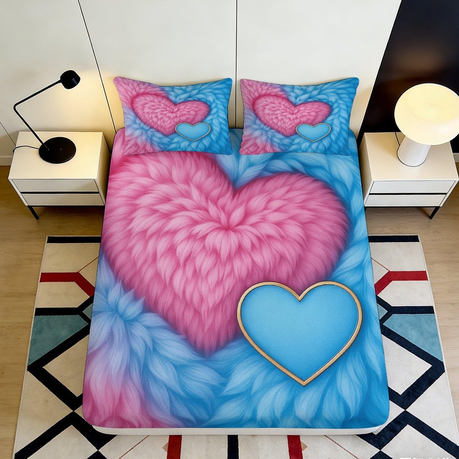 3D Printed Pink Blue Heart Fitted Sheet Microfiber Soft Breathable Fluffy Heart Bed Cover for Bedroom Dormitory Guest Room Mattress Protection Decor 90x200x25cm