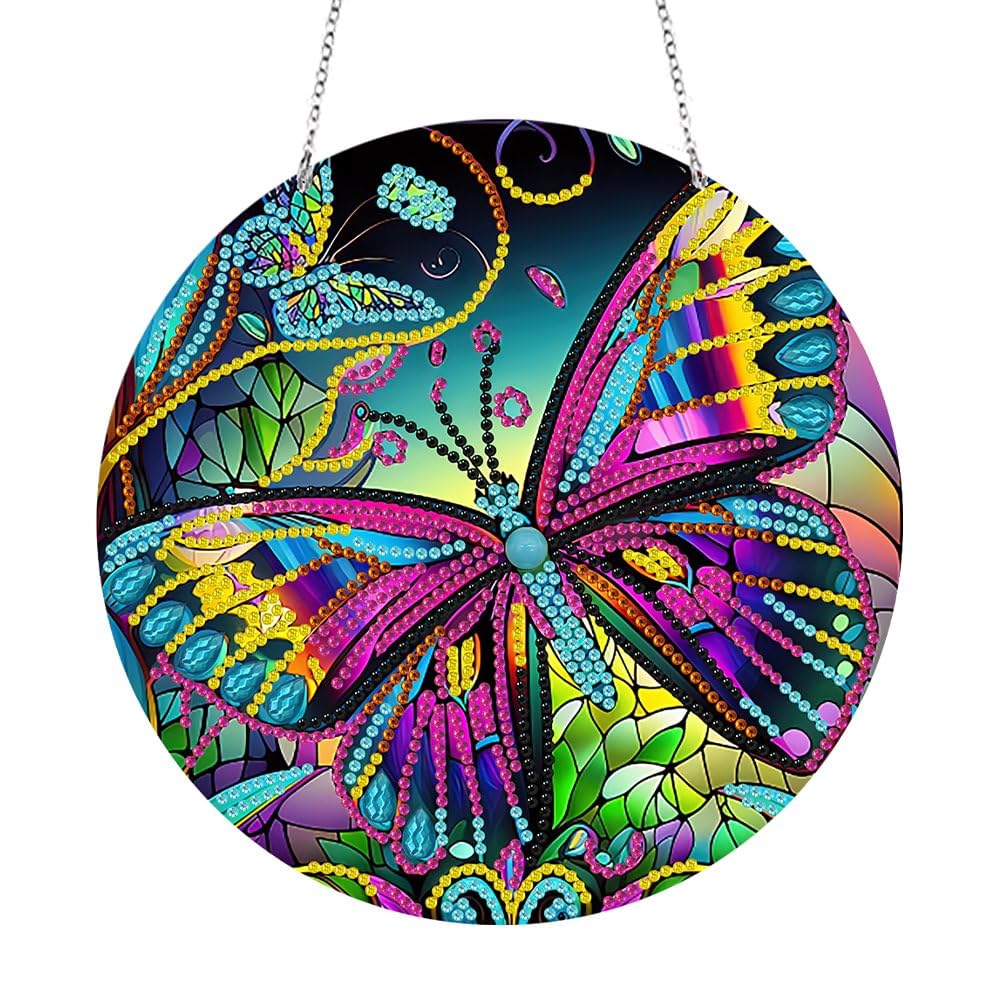 LUSandy DIY 5D Colorful Butterfly Diamond Painting Kits Hanging Sign Wall Art Sign Butterfly Diamond Art Suncatcher Window Hanging Ornament Window Pendants for Adults Home Garden Wall Door