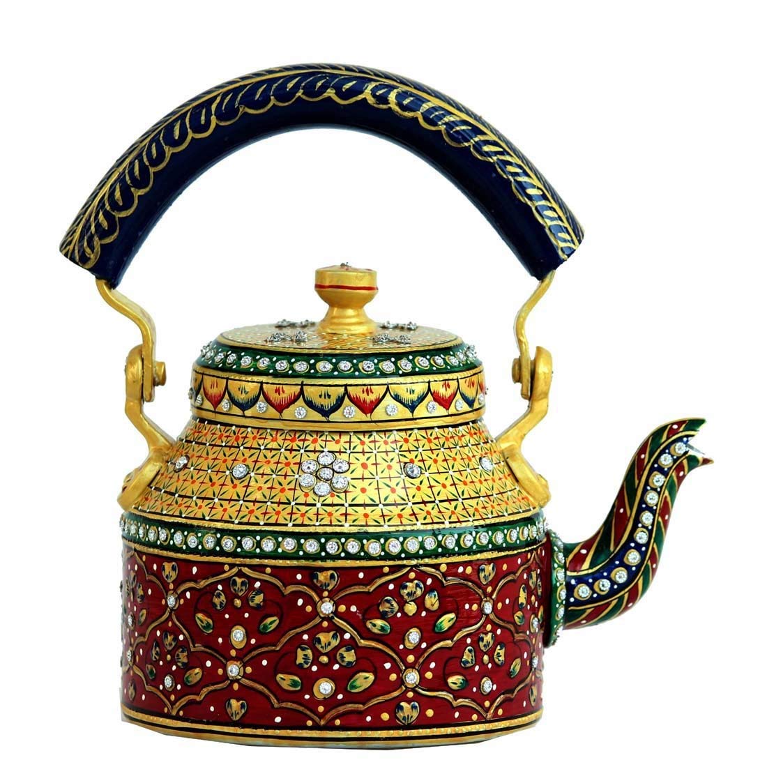 Hand Painted Rajasthani Design Decorative Aluminium Kettle for Tea/Coffee pot, Home Decor & Gift Purpose, Capacity 1 L (5078 - Dark Red)