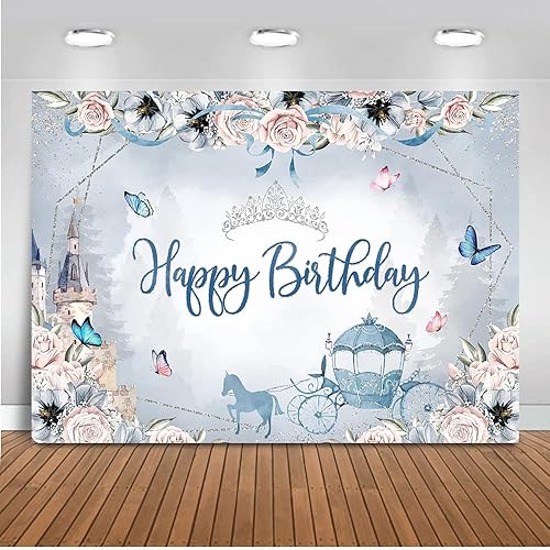 Mocsicka Telón de fondo de cumpleaños de princesa azul, castillo floral, carruaje, corona plateada, mariposa, decoraciones de cumpleaños para niñas,
